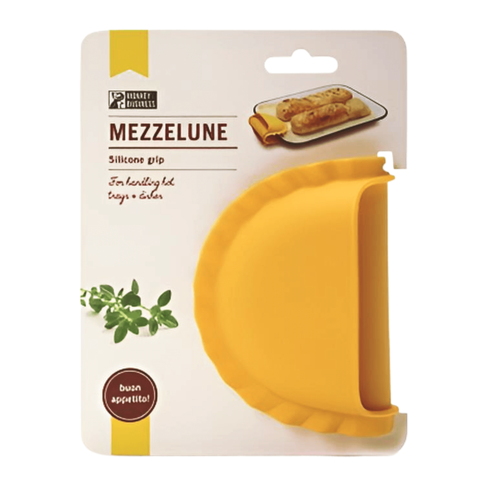 Mezzelune Silicone Oven Mitt packaging showcasing its unique design for easy handling of hot trays and dishes.