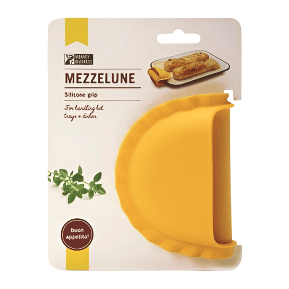 Mezzelune Silicone Oven Mitt packaging showcasing its unique design for easy handling of hot trays and dishes.