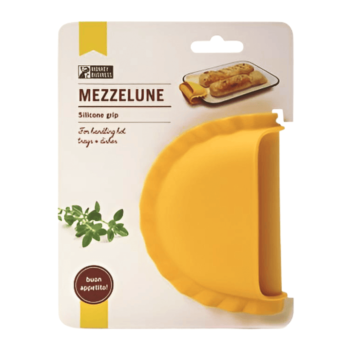 Mezzelune Silicone Oven Mitt packaging showcasing its unique design for easy handling of hot trays and dishes.