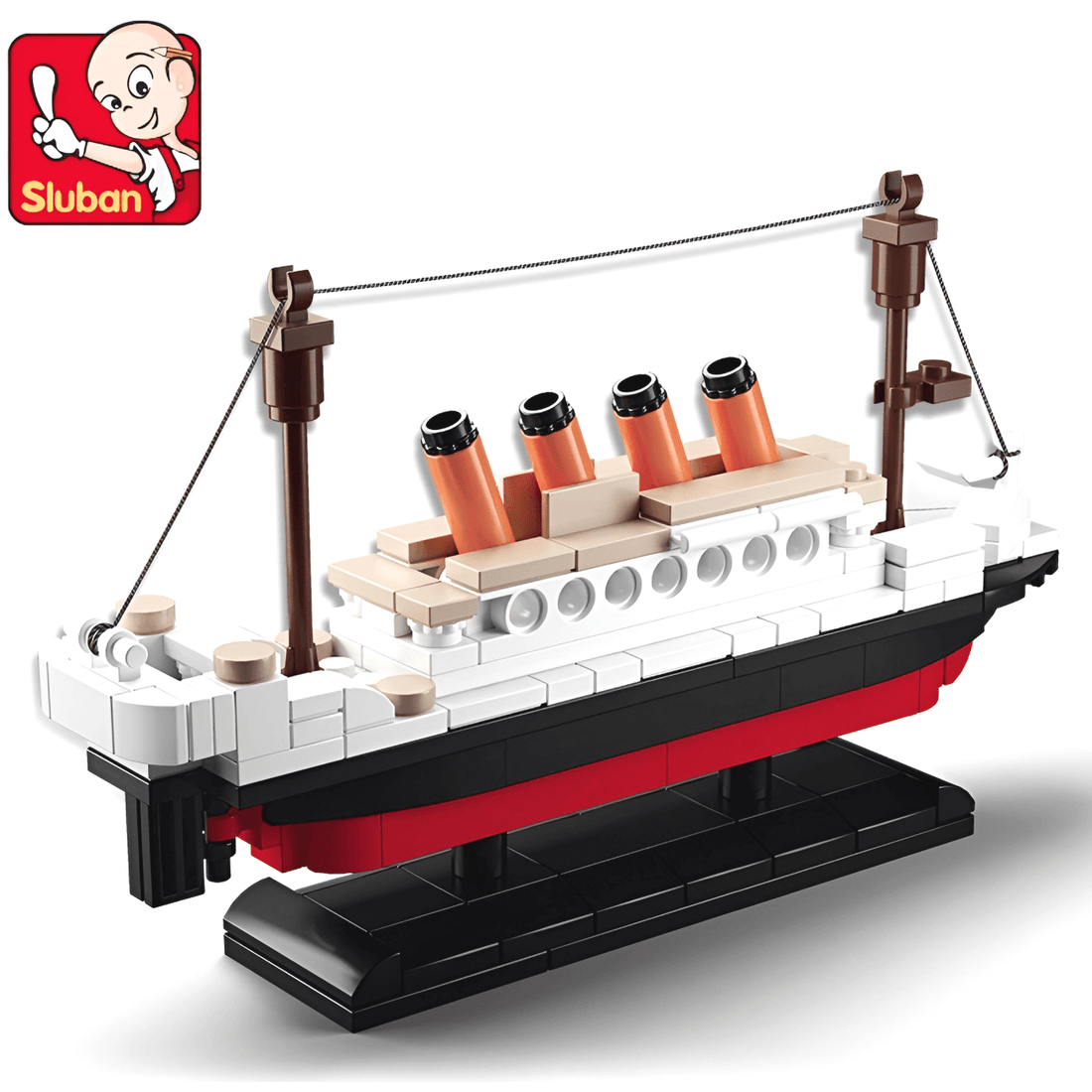Mini Titanic Collectible Set built with colorful bricks, featuring iconic steam stacks and mini figures.