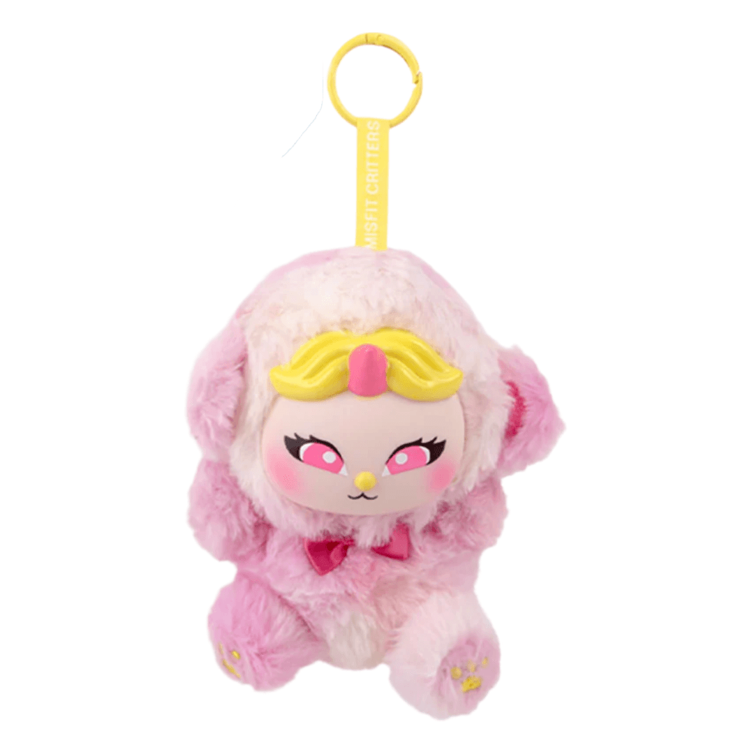 A pink plush character keychain or bag charm with a yellow hanging loop. The character has fluffy pink fur, a pale pink face with closed eyes, yellow hair-like accents, and a pink bow on the chest.