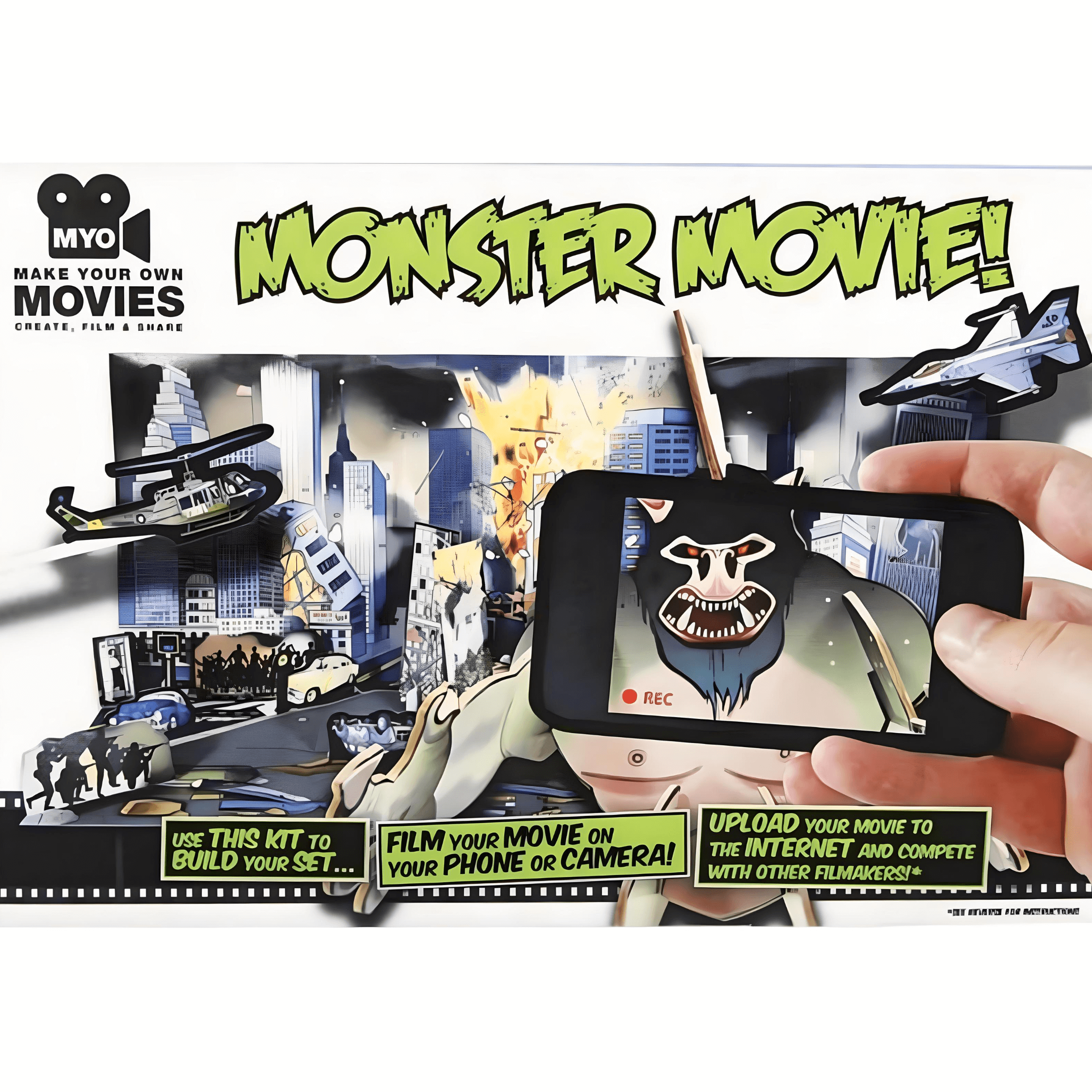 DIY Monster Movie Kit for kids, featuring a film backdrop and smartphone filming instructions.