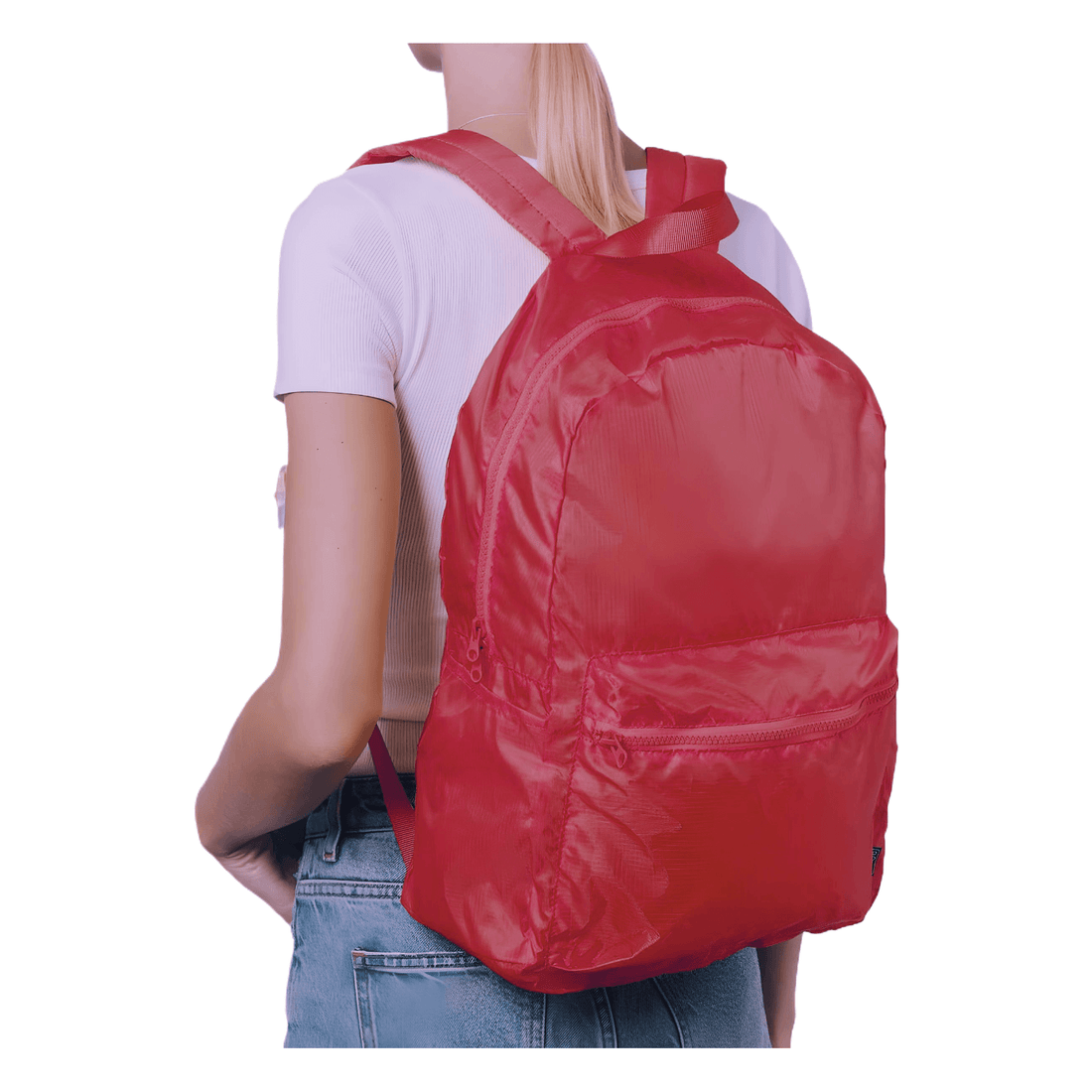 Nomad Heart Foldable Backpack in vibrant red, perfect for travel and stylish outings.
