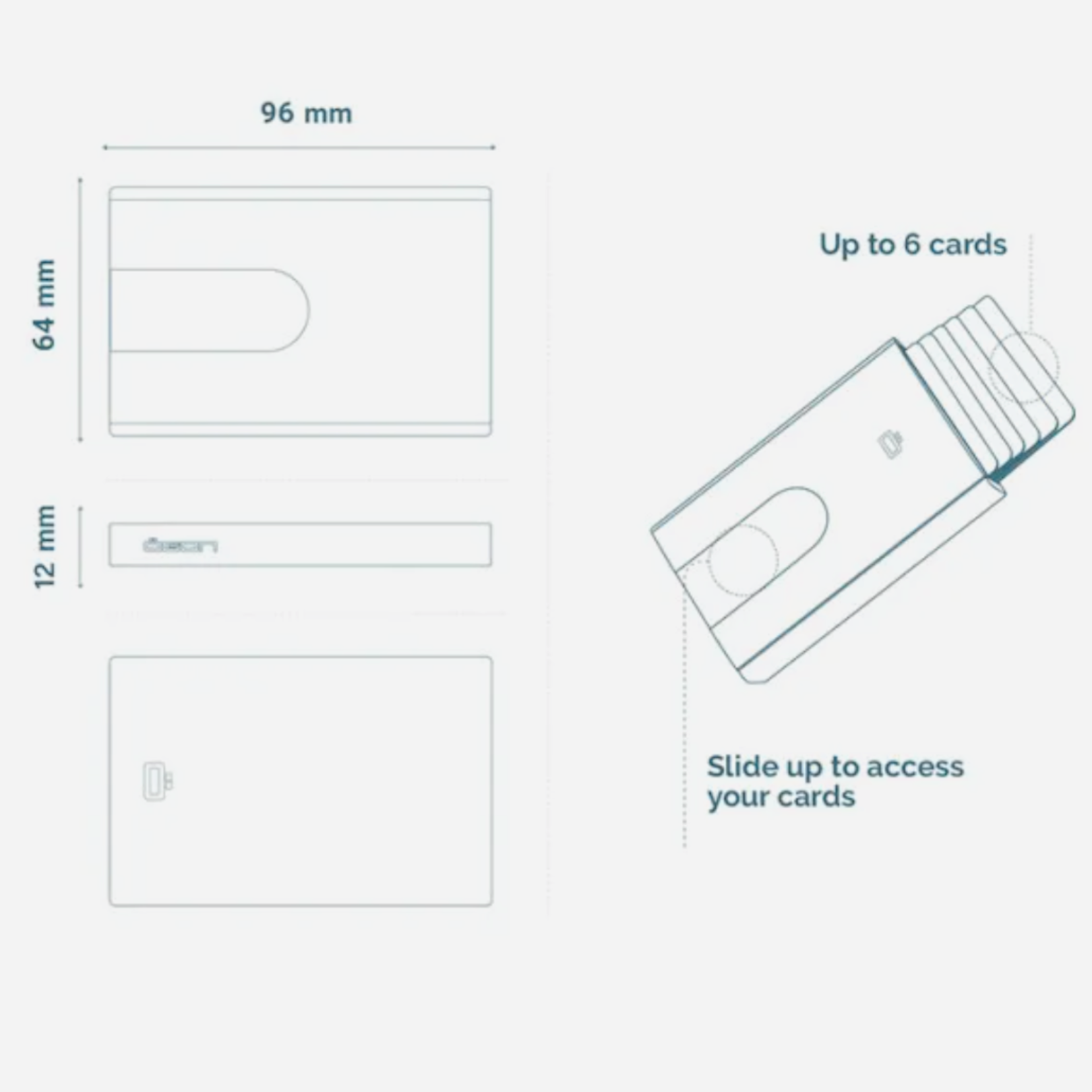 Dimensions and design of the Automatic Card Holder Bamboo Effect, showing its sliding card access feature.