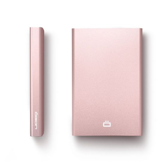 A portable power bank shown in two views: a slim side profile and a wider front view, both in a metallic rose gold color. The brand name 'DECON' is printed vertically on the side view, and a small logo is printed on the front.