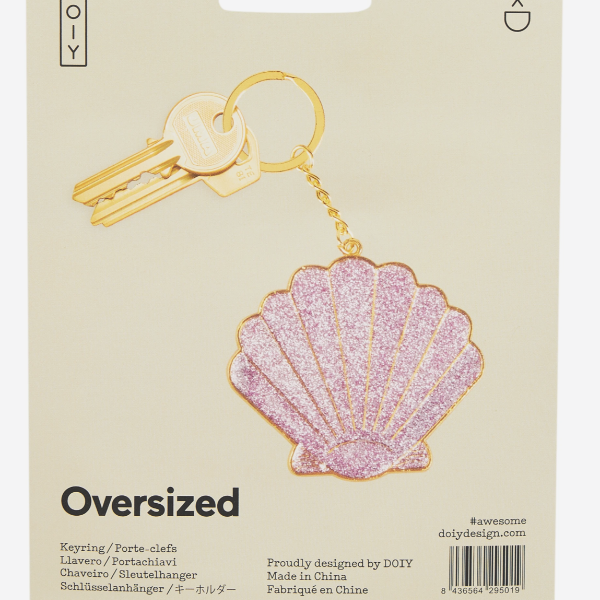 Oversized Shell Keychain - Metal seashell keyring with pink glitter finish and keyring.