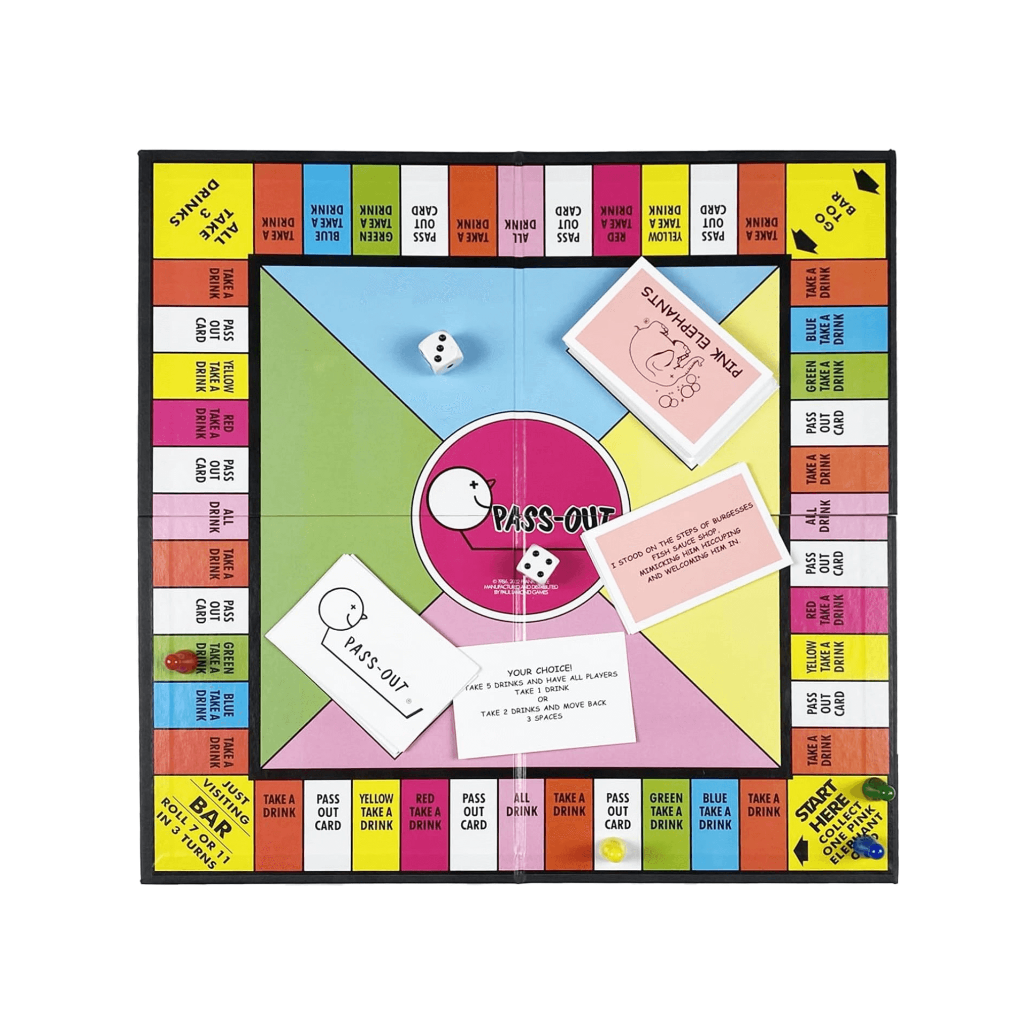 Board game with colorful sections and a central die and card area on a white background