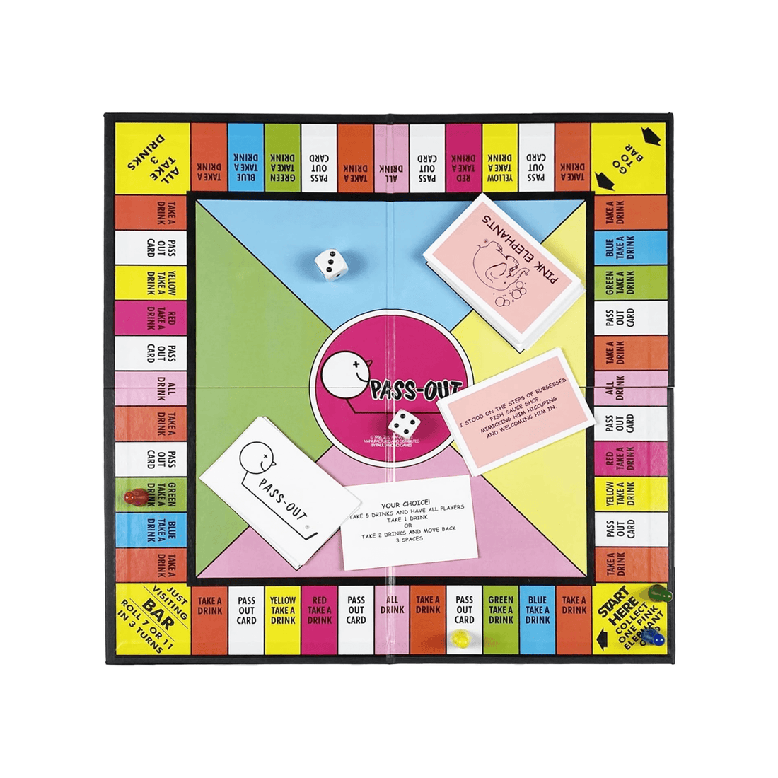 Board game with colorful sections and a central die and card area on a white background