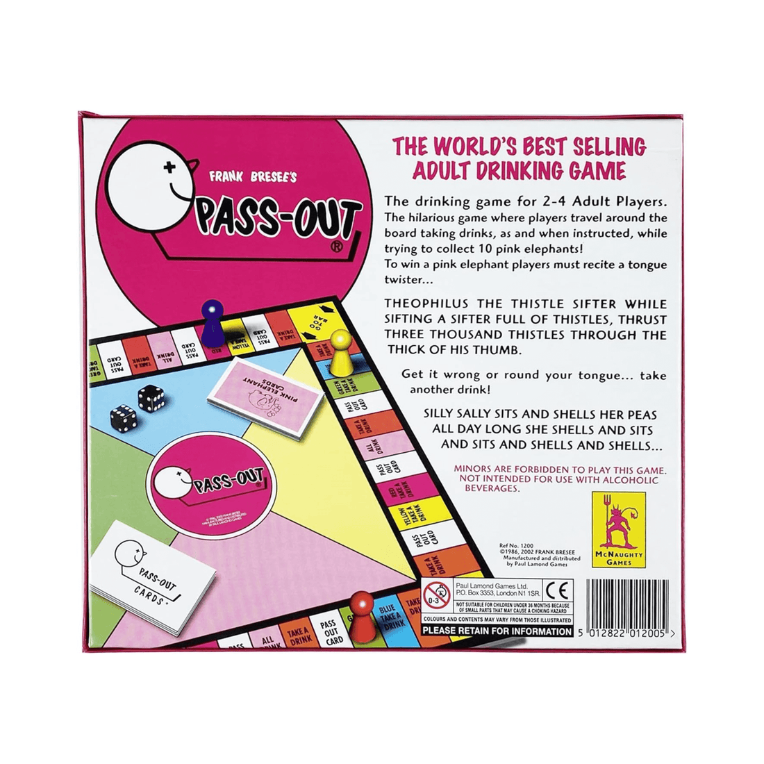 Back of a board game packaging for 'Pass Out' with colorful design and text.