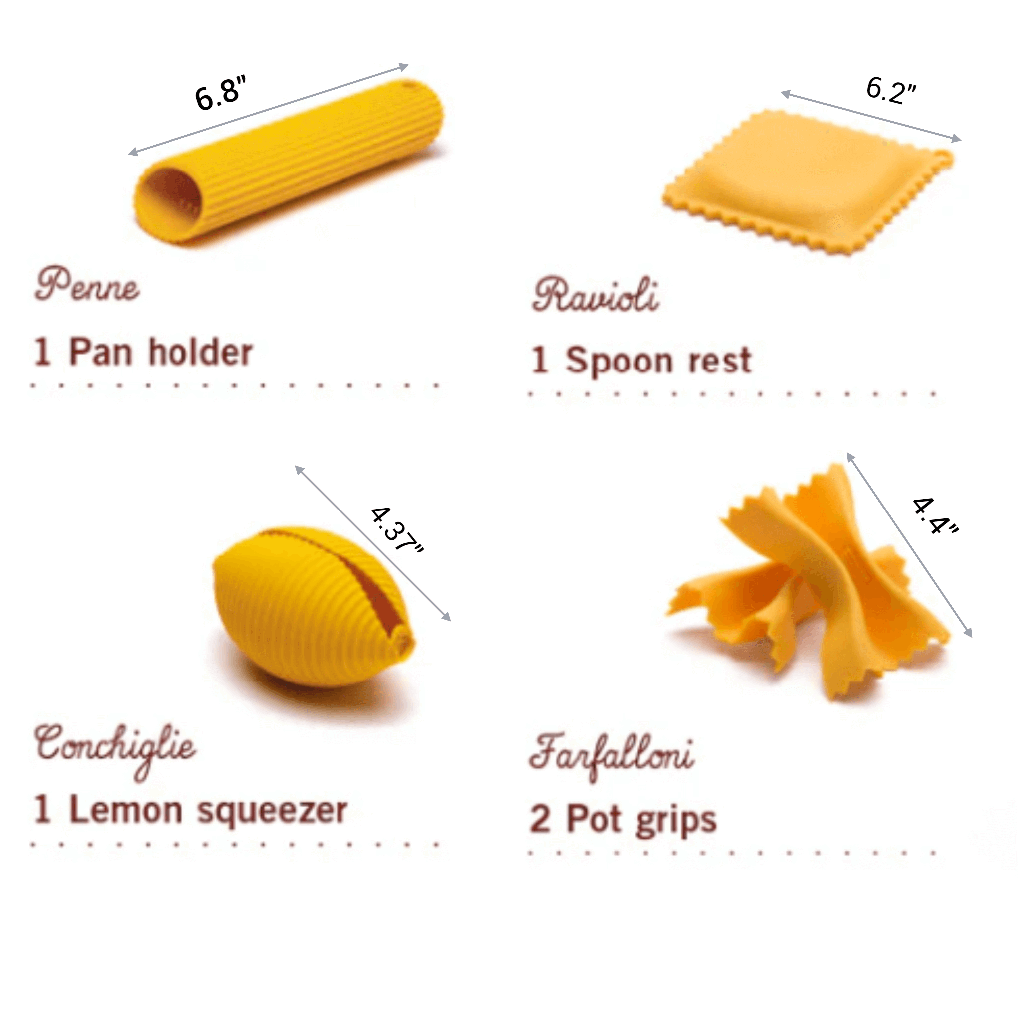 The Ultimate Pasta Lover’s Kitchen Kit with silicone tools: pan holder, spoon rest, lemon squeezer, and pot grips.