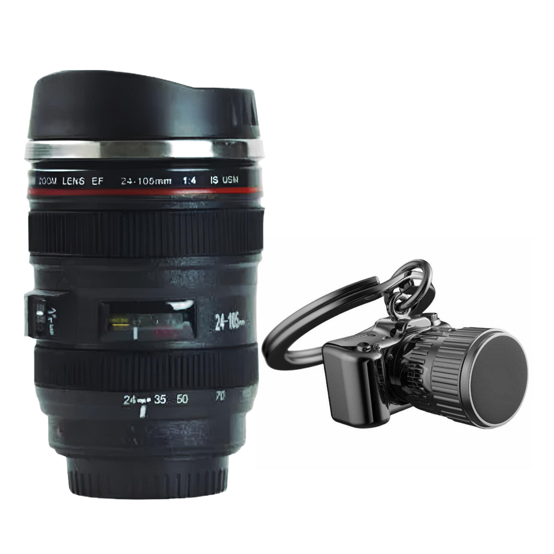 Camera lens mug and keychain on a white background
