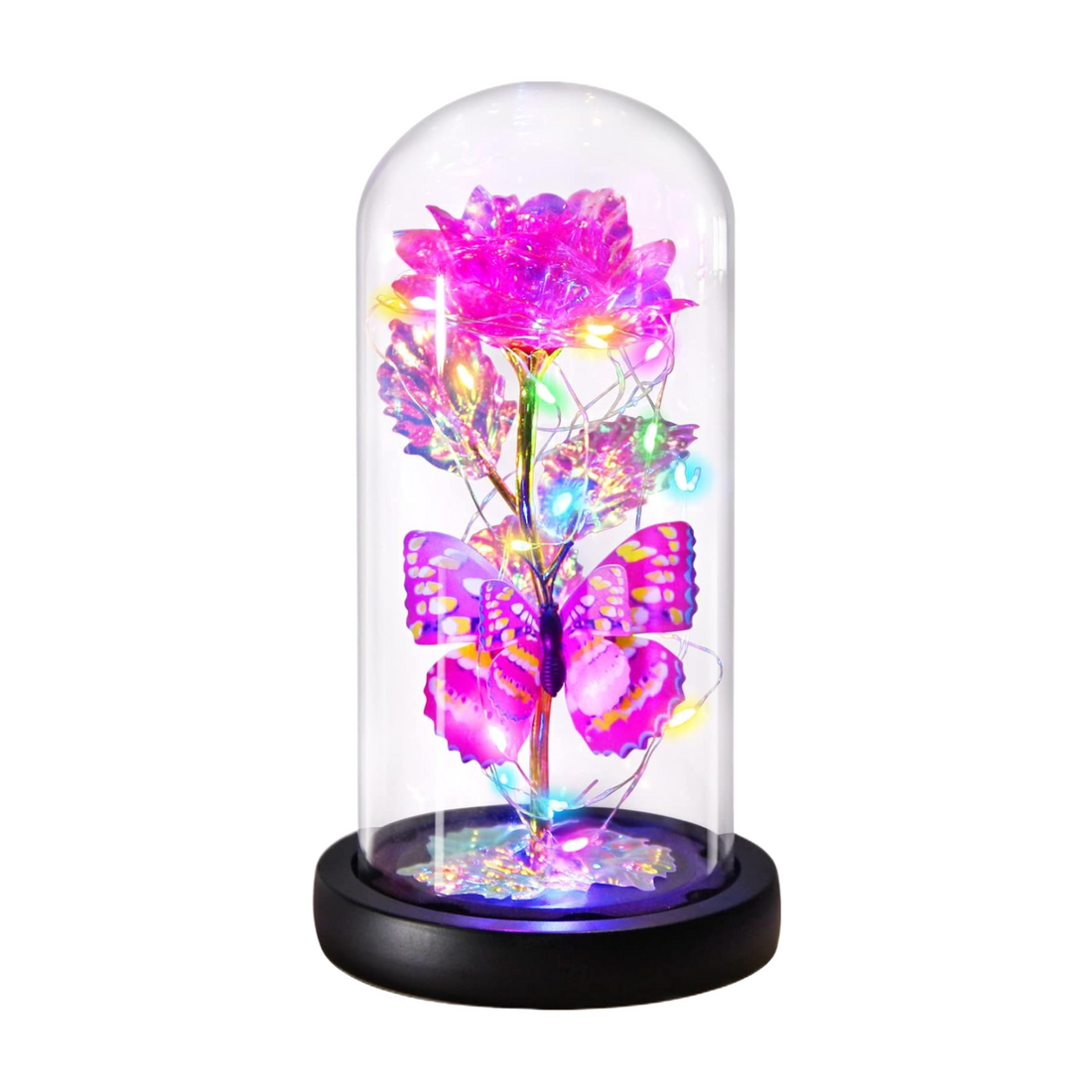 Holographic Pink Rose with Butterfly in a Glass Dome