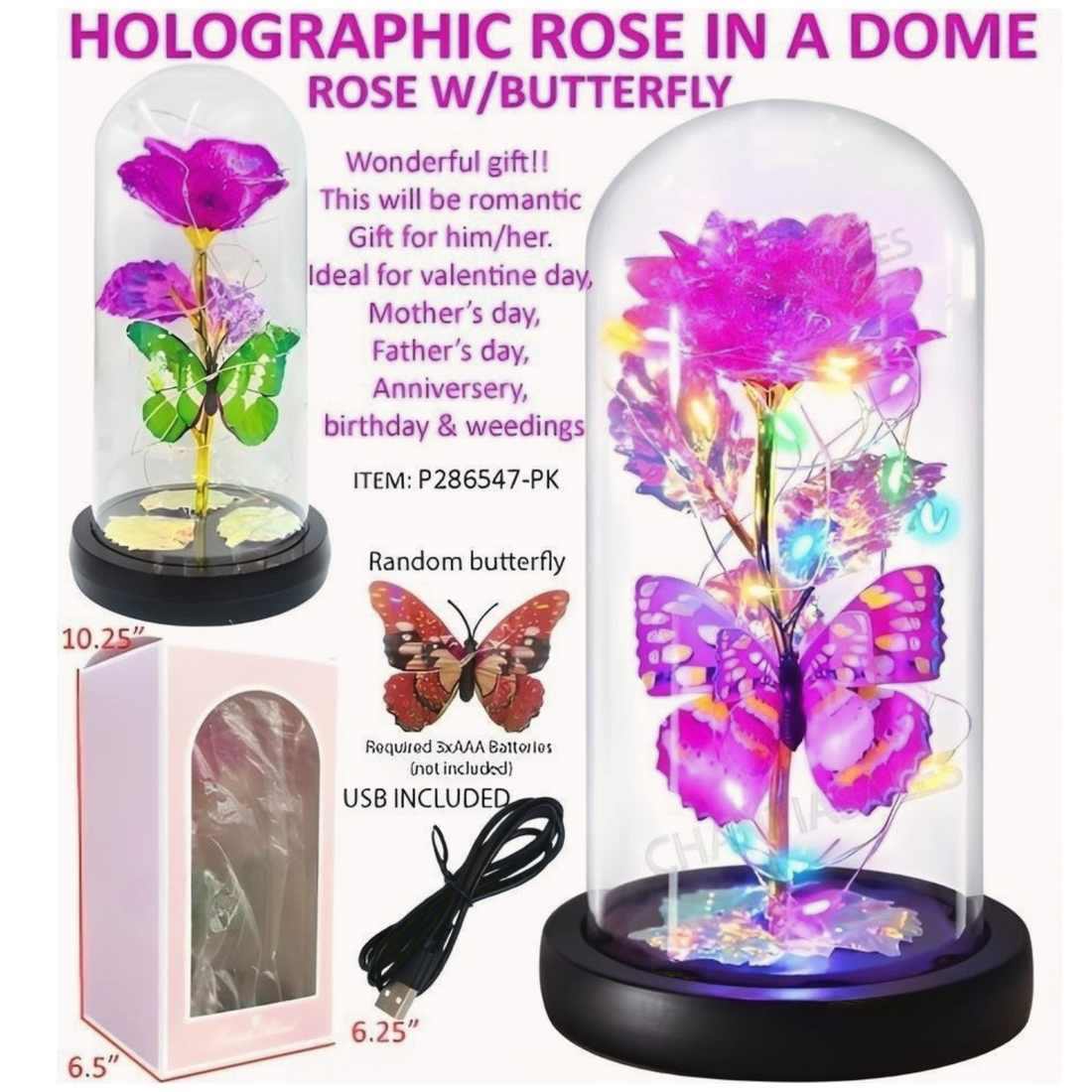 Holographic Pink Rose with Butterfly in a Glass Dome