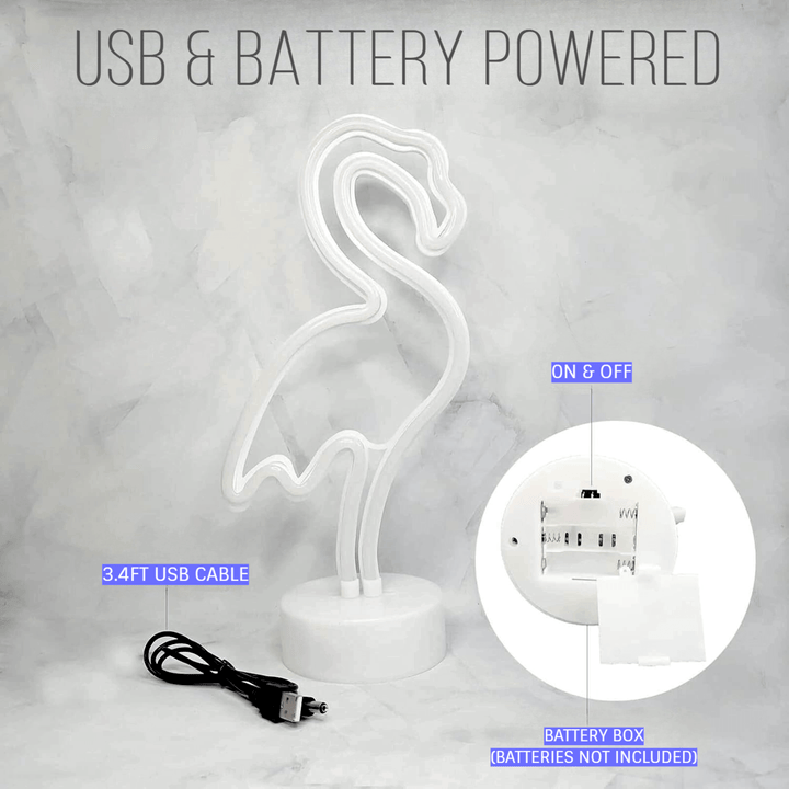 Pink Flamingo LED Night Light with USB and battery power options, stylish neon design for ambient room illumination.