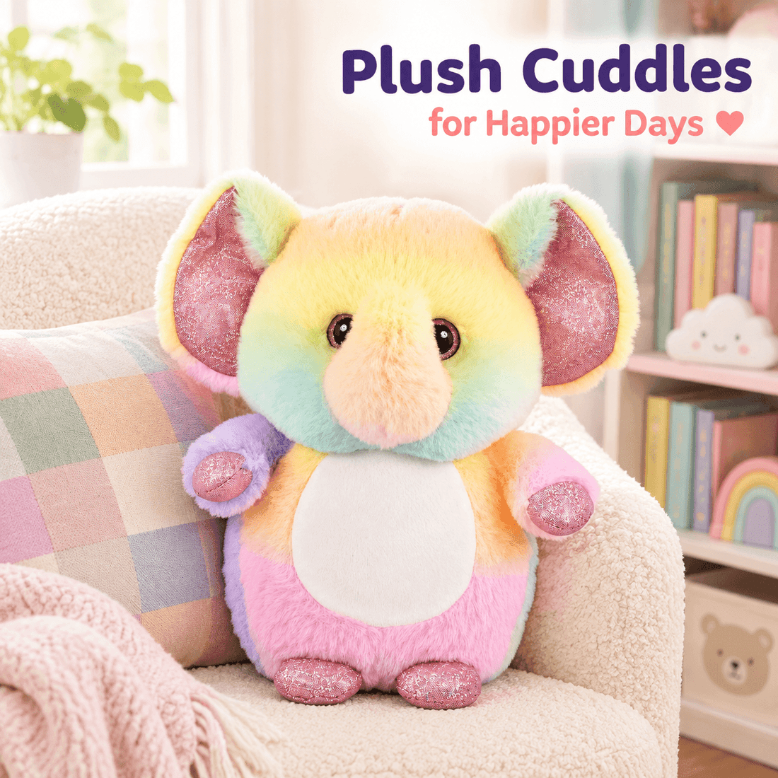 Plump Pal Sugar Elephant pastel rainbow plush toy sitting on a cozy chair in a colorful nursery with “Plush Cuddles for Happier Days” text.