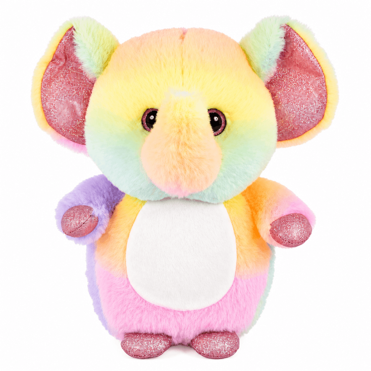 Plump Pal Sugar Elephant pastel rainbow plush toy with large pink patterned ears, a soft trunk, white belly, and pink feet