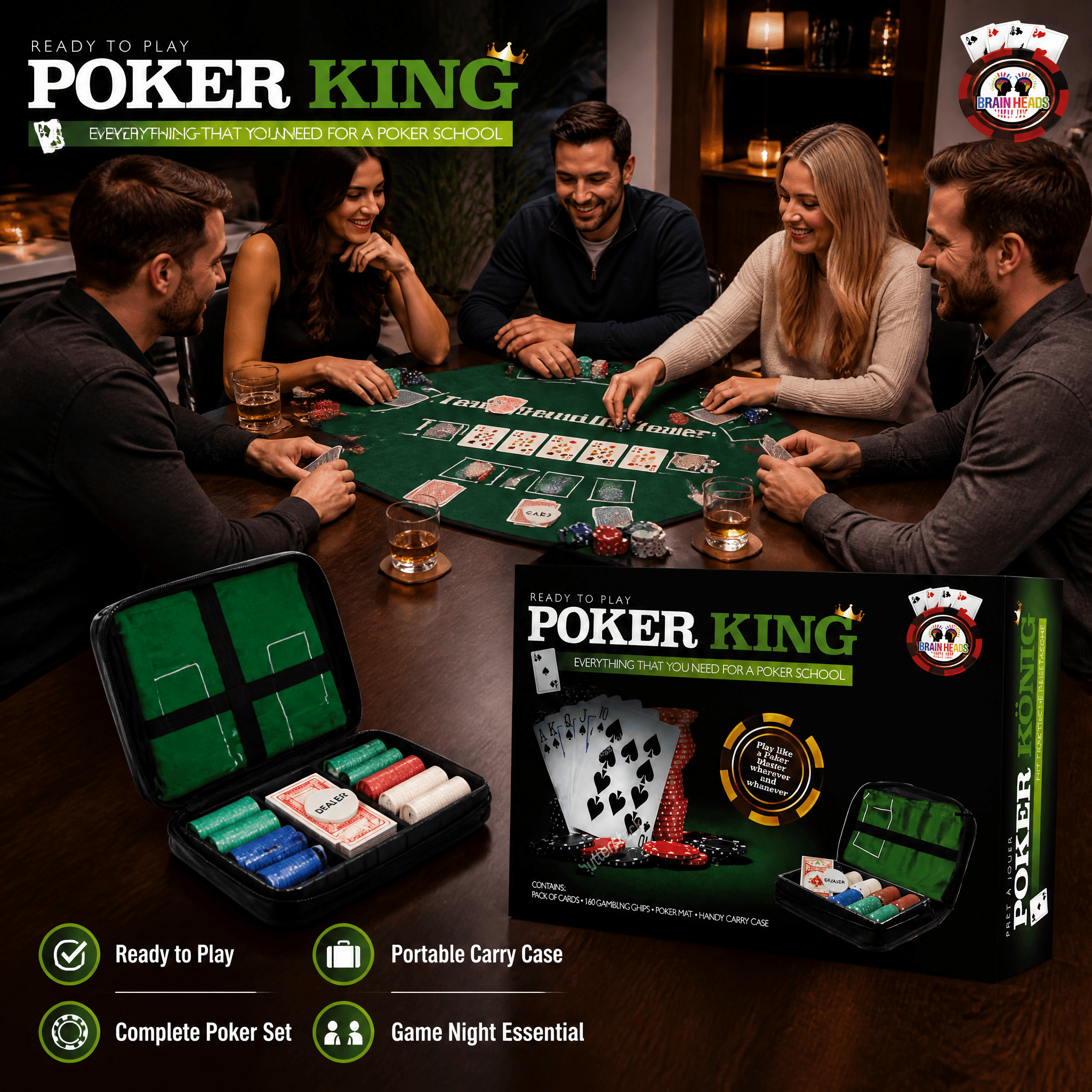 People playing poker with a Poker King game set on a table.