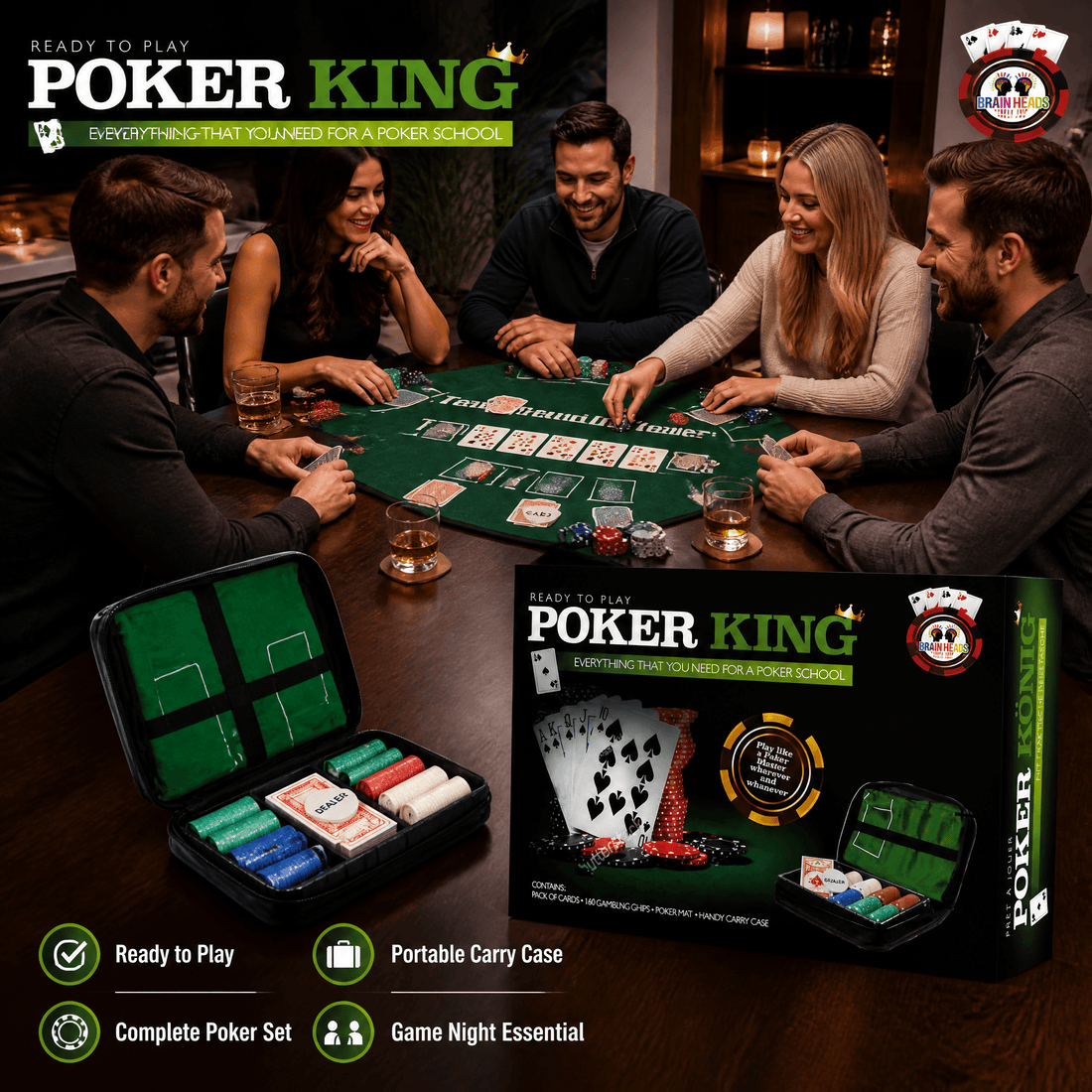 People playing poker with a Poker King game set on a table.