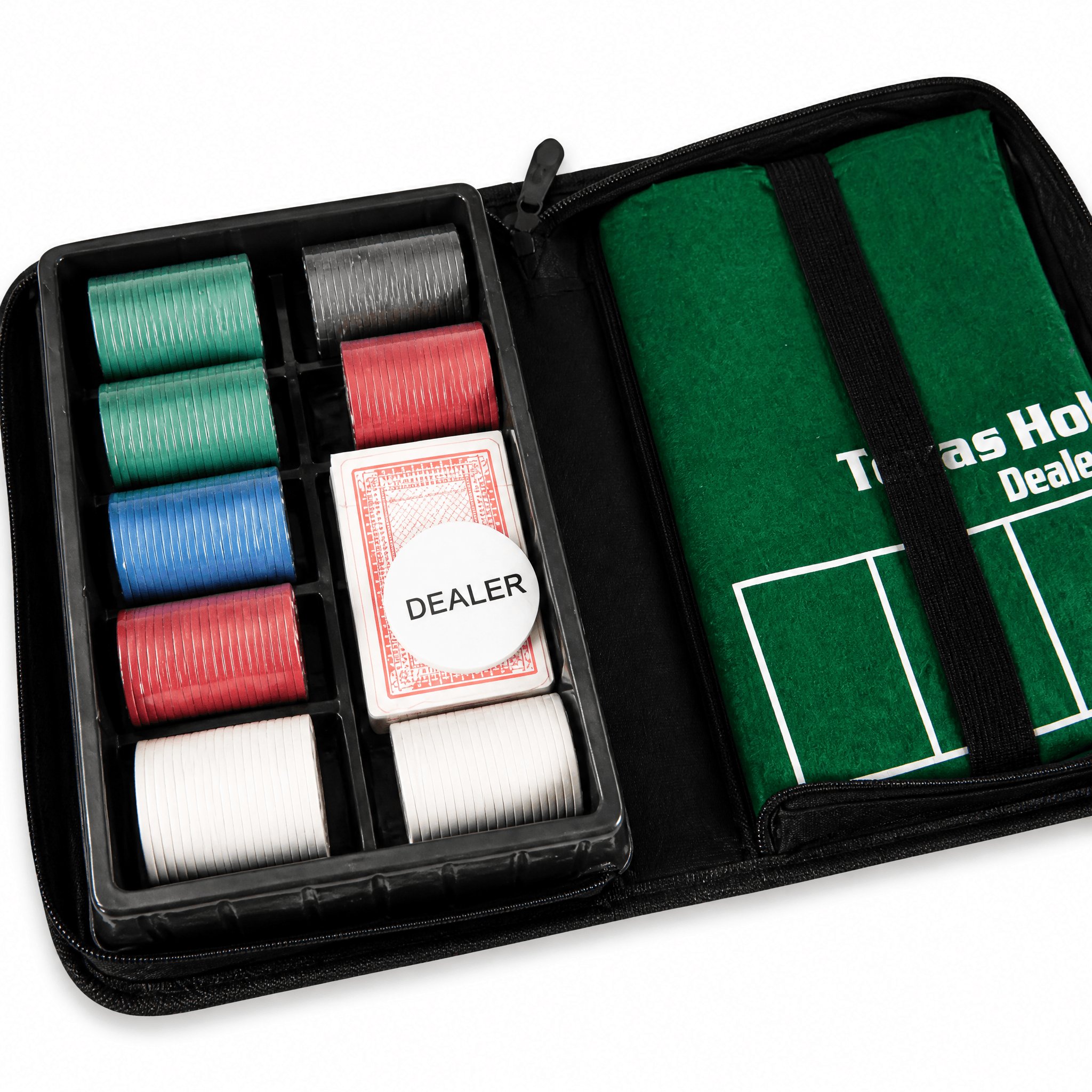 Poker King Set with chips, cards, and mat for classic poker games in a compact carry case.