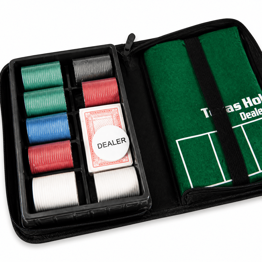 Poker King Set with chips, cards, and mat for classic poker games in a compact carry case.