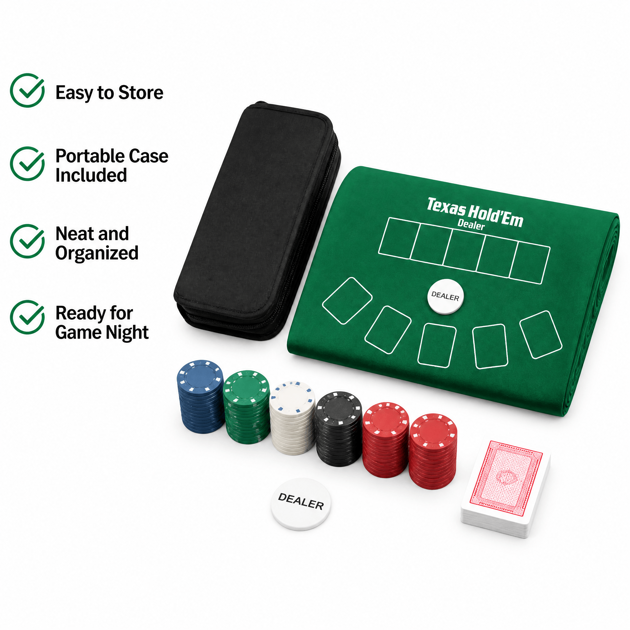 Poker King Set - Complete Poker Game with Mat & Carry Case, neat and organized for game night.