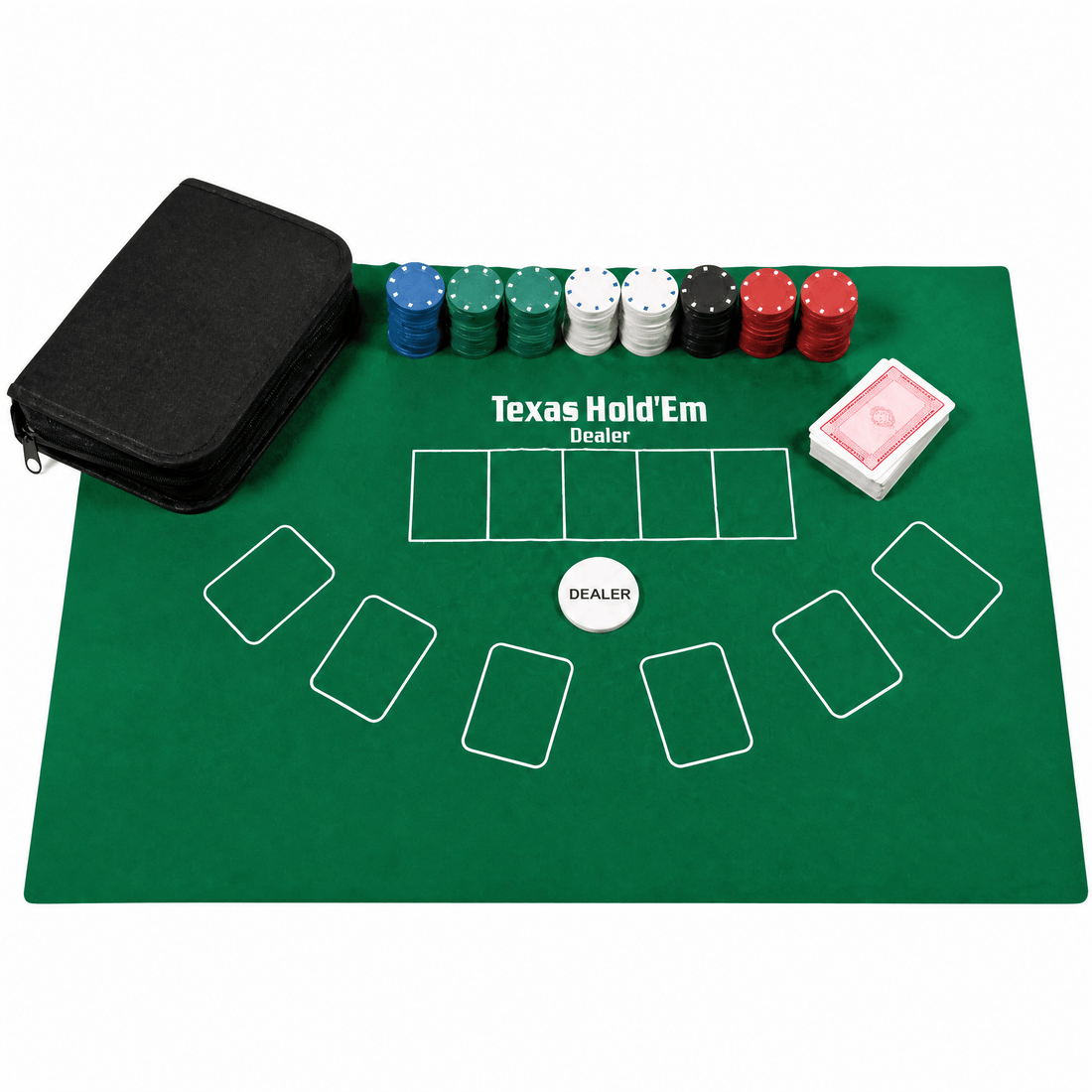 Poker King Set including a mat, poker chips, a deck of cards, and a carry case for Texas Hold'Em games.