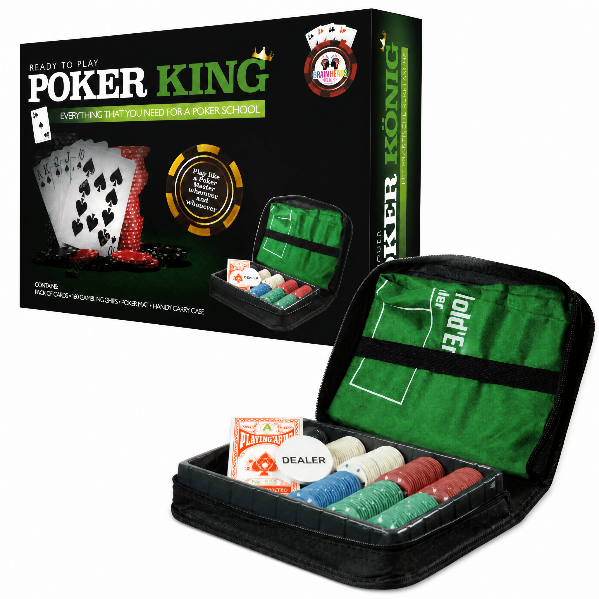 Poker King Set - Complete poker game set with mat and carry case for easy transport and storage.