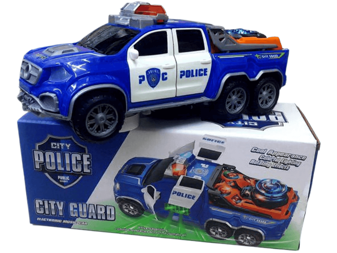 Police Patrol Truck Toy with Lights, Sounds & Moving Action on display box, featuring realistic design and vibrant colors.