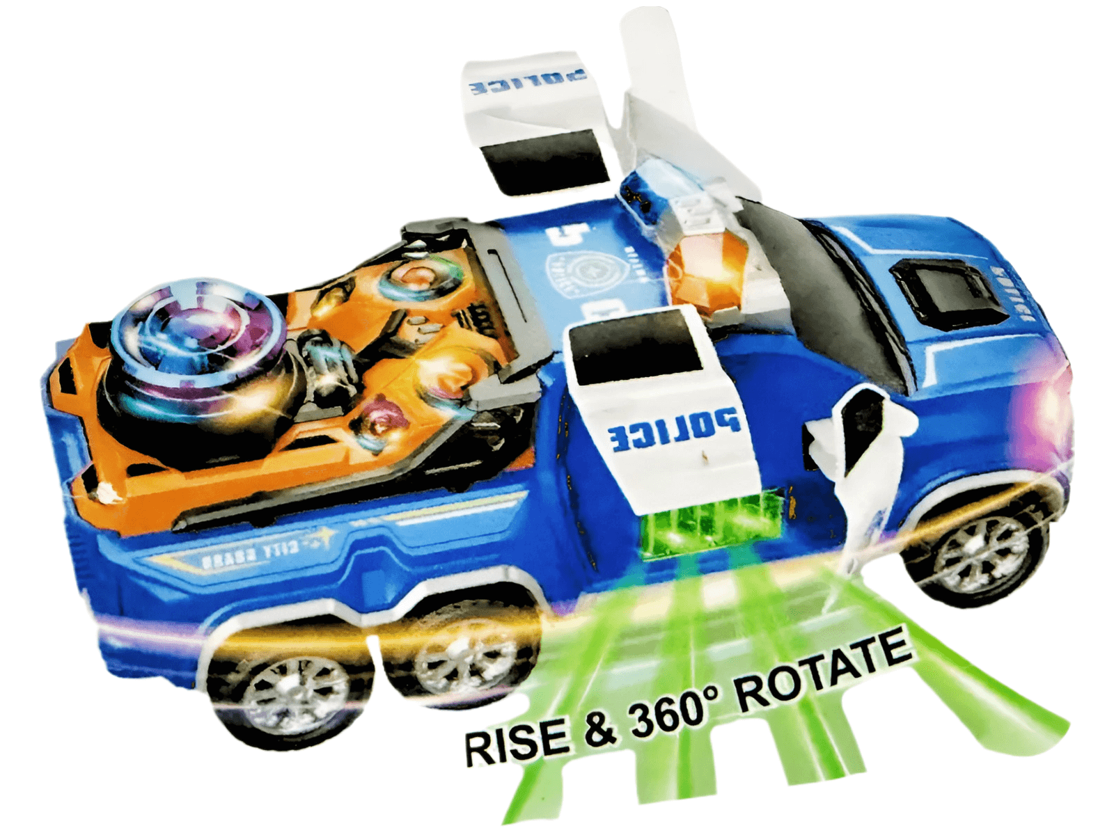 Police Patrol Truck Toy with Lights, Sounds & Moving Action featuring rise and 360 degree rotation.