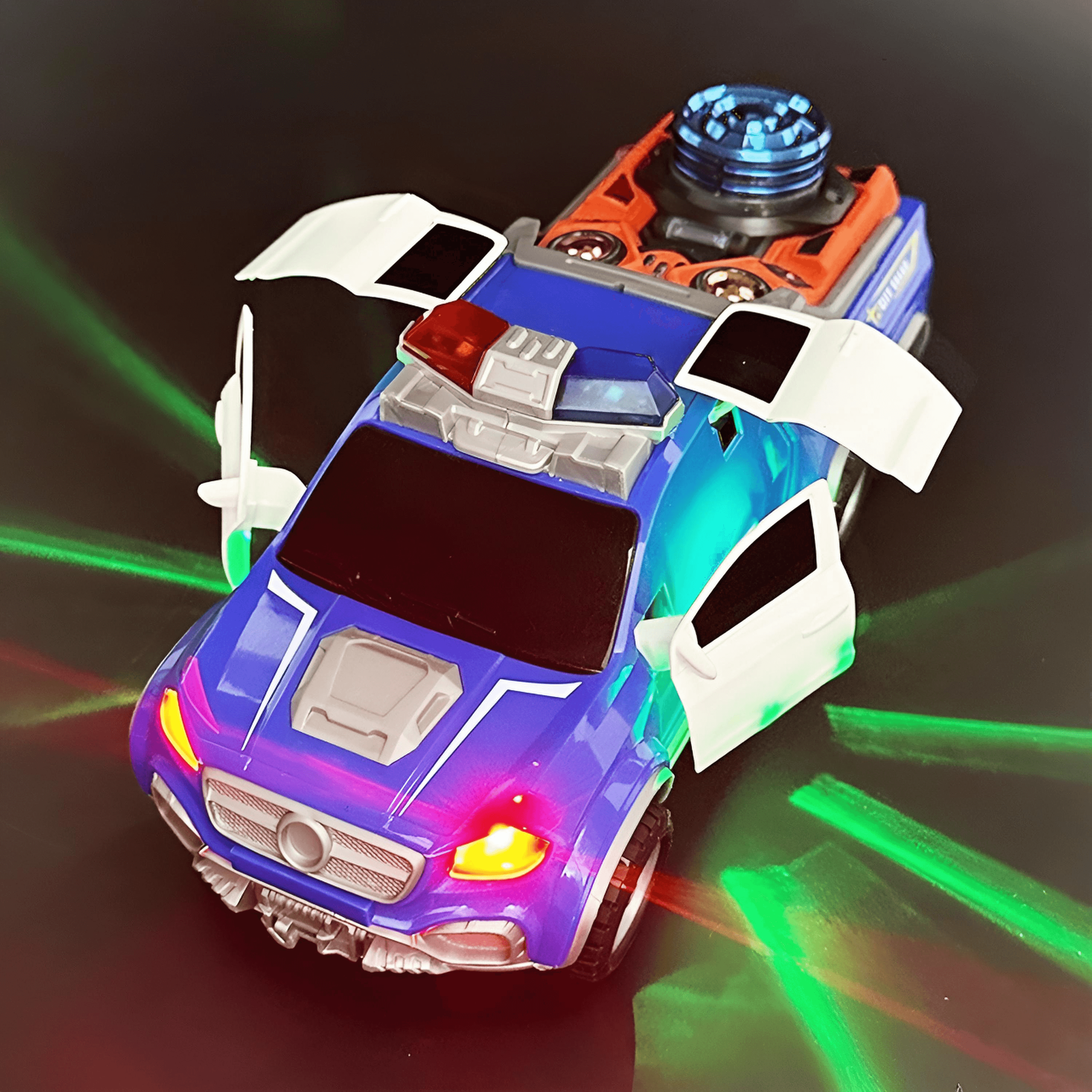 Police Patrol Truck Toy with Lights, Sounds & Moving Action featuring doors open and colorful lights.