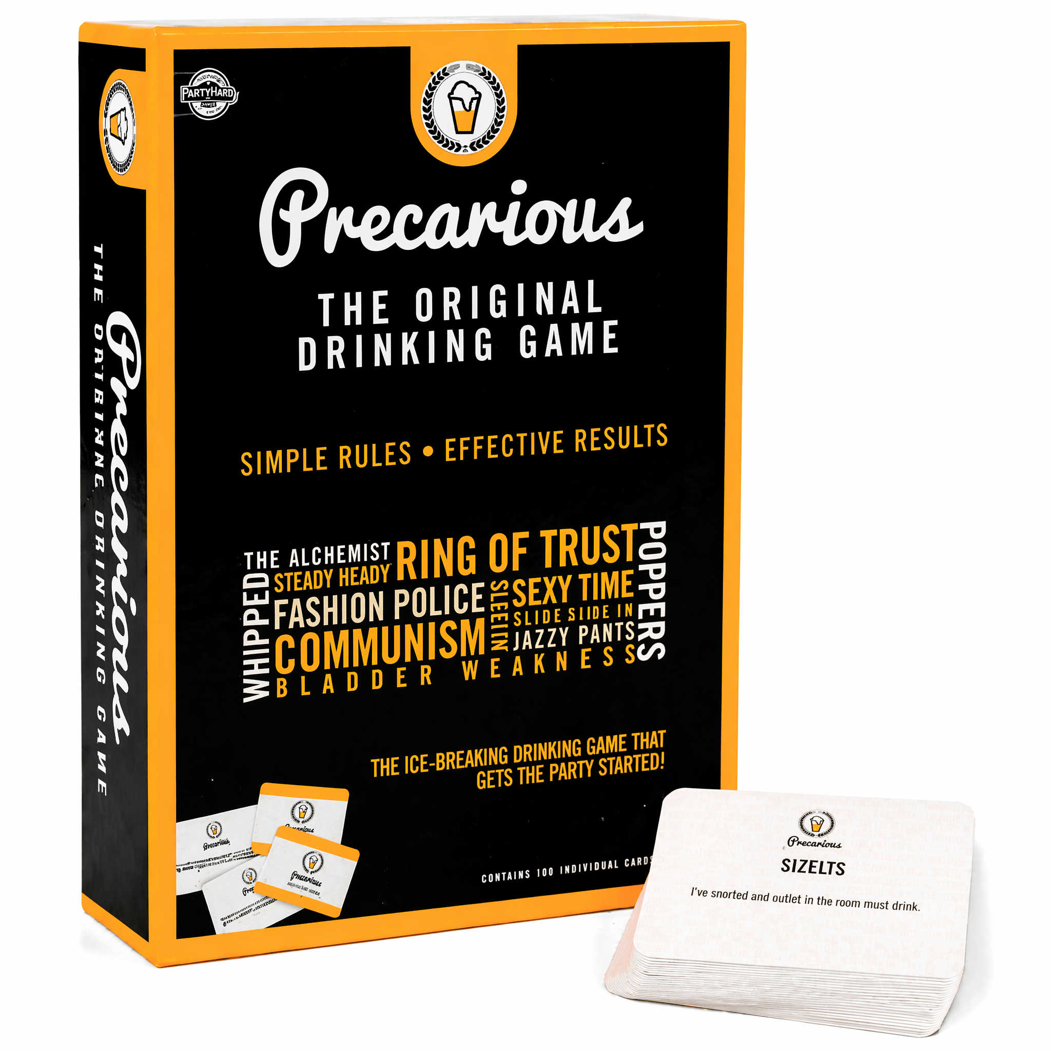 Precarious Party Drinking Games box and cards for fun pre-drinks and house parties.