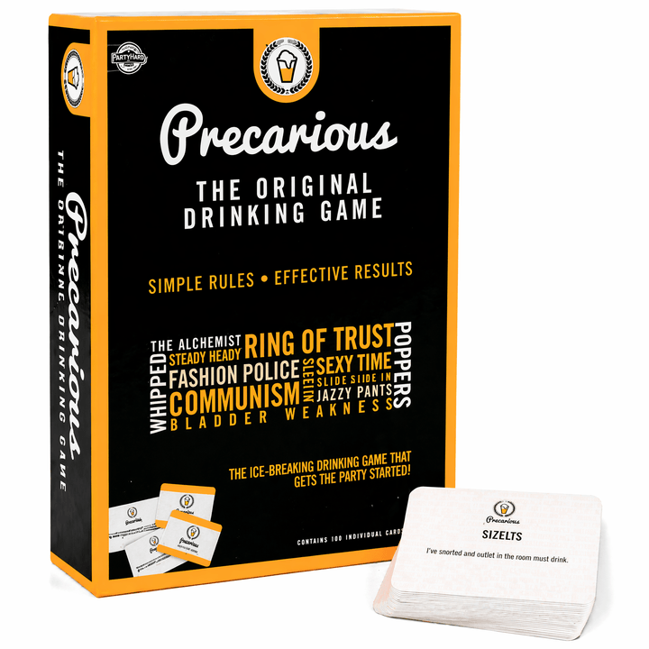 Precarious Party Drinking Games box and cards for fun pre-drinks and house parties.