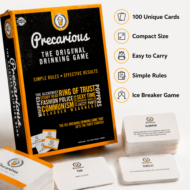 Precarious Party Drinking Games box with unique cards for instant entertainment and fun at gatherings.
