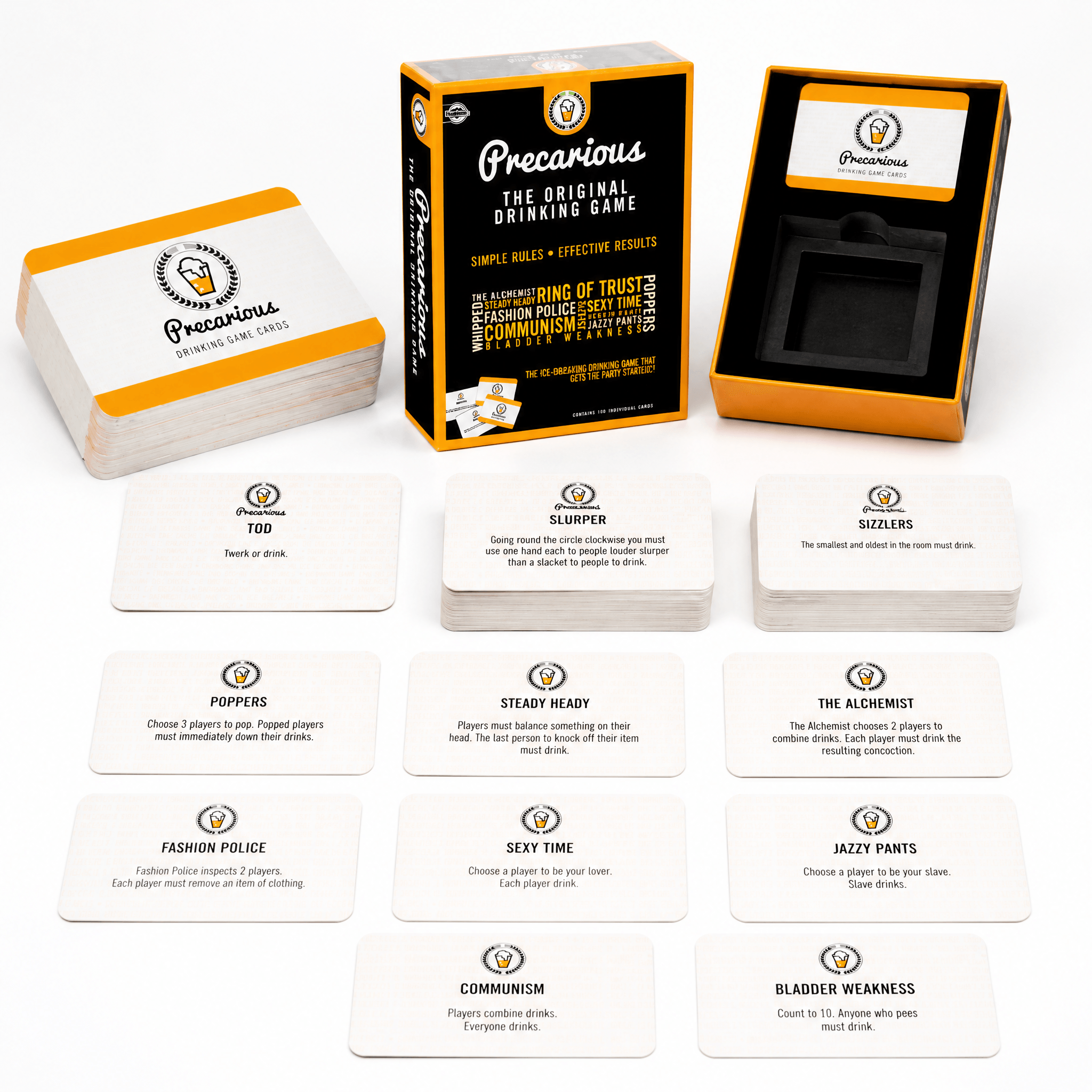 Precarious Party Drinking Games card game box and cards displayed on a table, perfect for fun social gatherings.