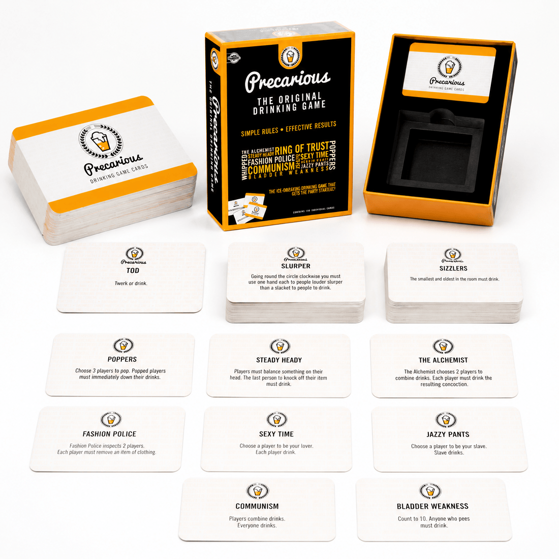 Precarious Party Drinking Games card game box and cards displayed on a table, perfect for fun social gatherings.