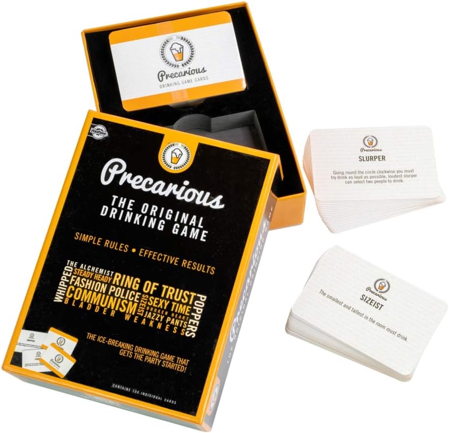 Precarious Party Drinking Games box and cards, perfect for fun social events and house parties.