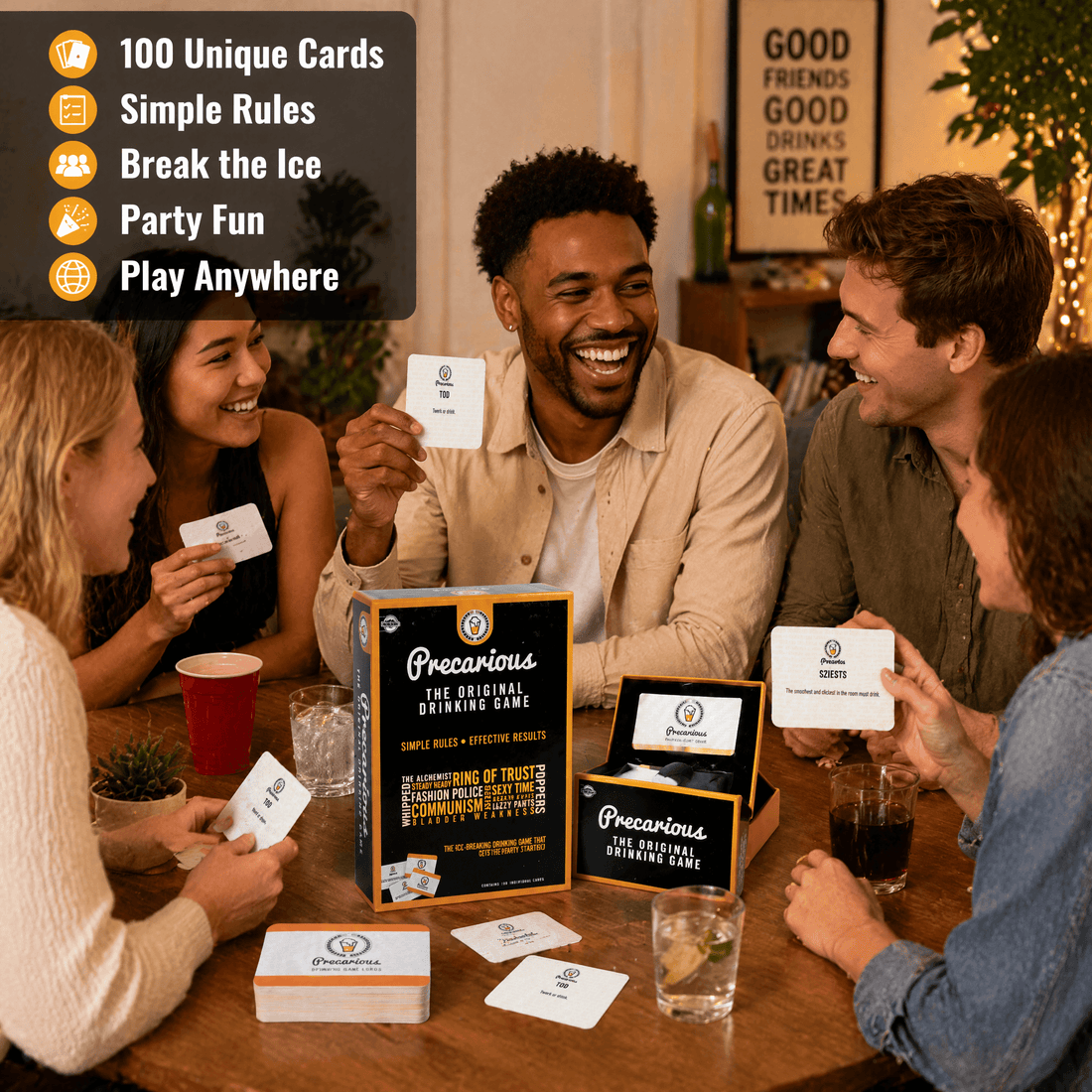 Group enjoying Precarious Party Drinking Games with laughter and drinks, showcasing fun and easy entertainment at a party.