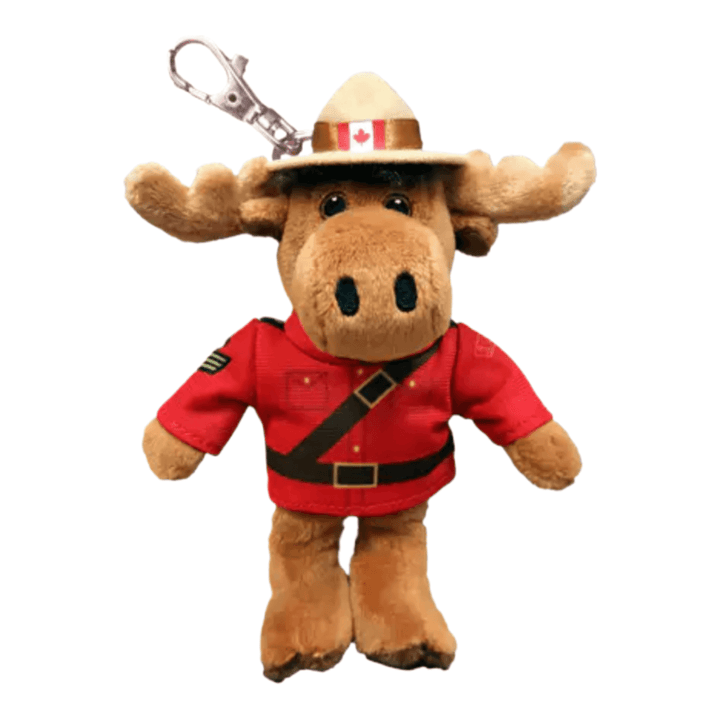 Plush RCMP Moose keychain with red uniform and Canadian flag, ideal for backpacks and zipper pulls.