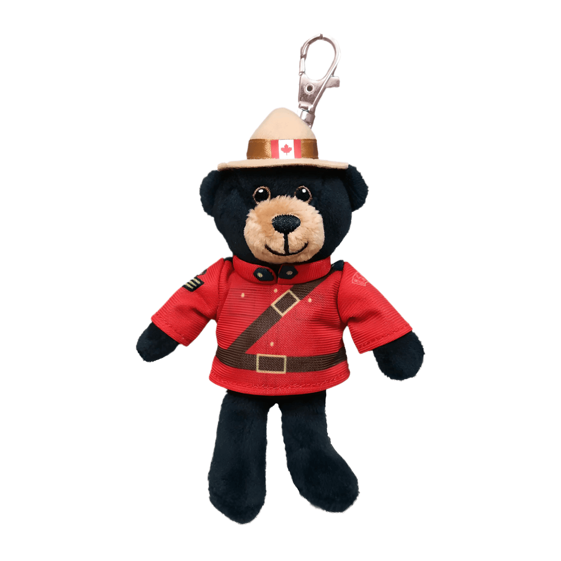 RCMP Black Bear plush keychain with a red uniform and Canadian flag hat, ideal for backpacks and zippers.