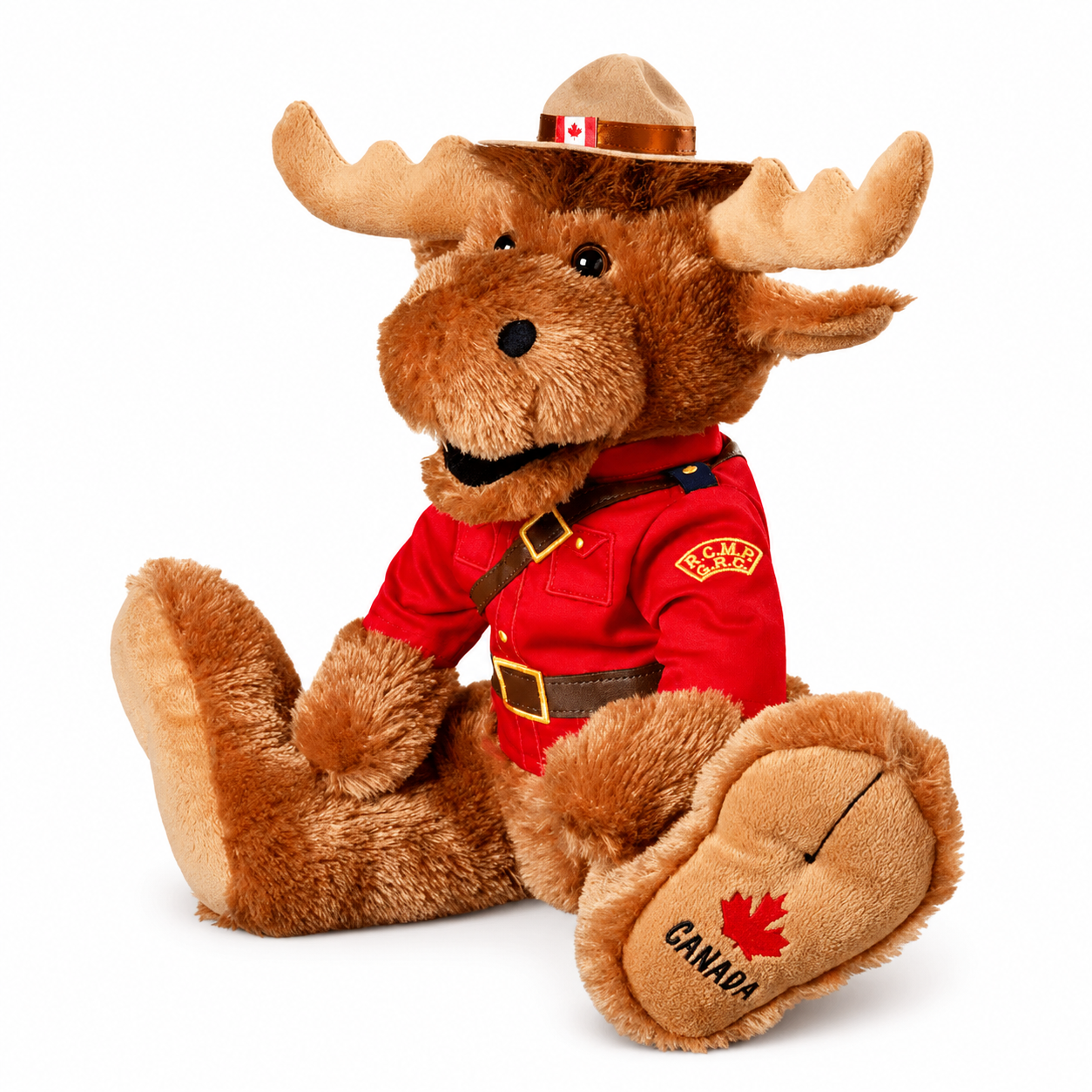 RCMP BigFoot Moose 14" plush toy dressed in Mountie uniform, perfect for cuddles and adventures.