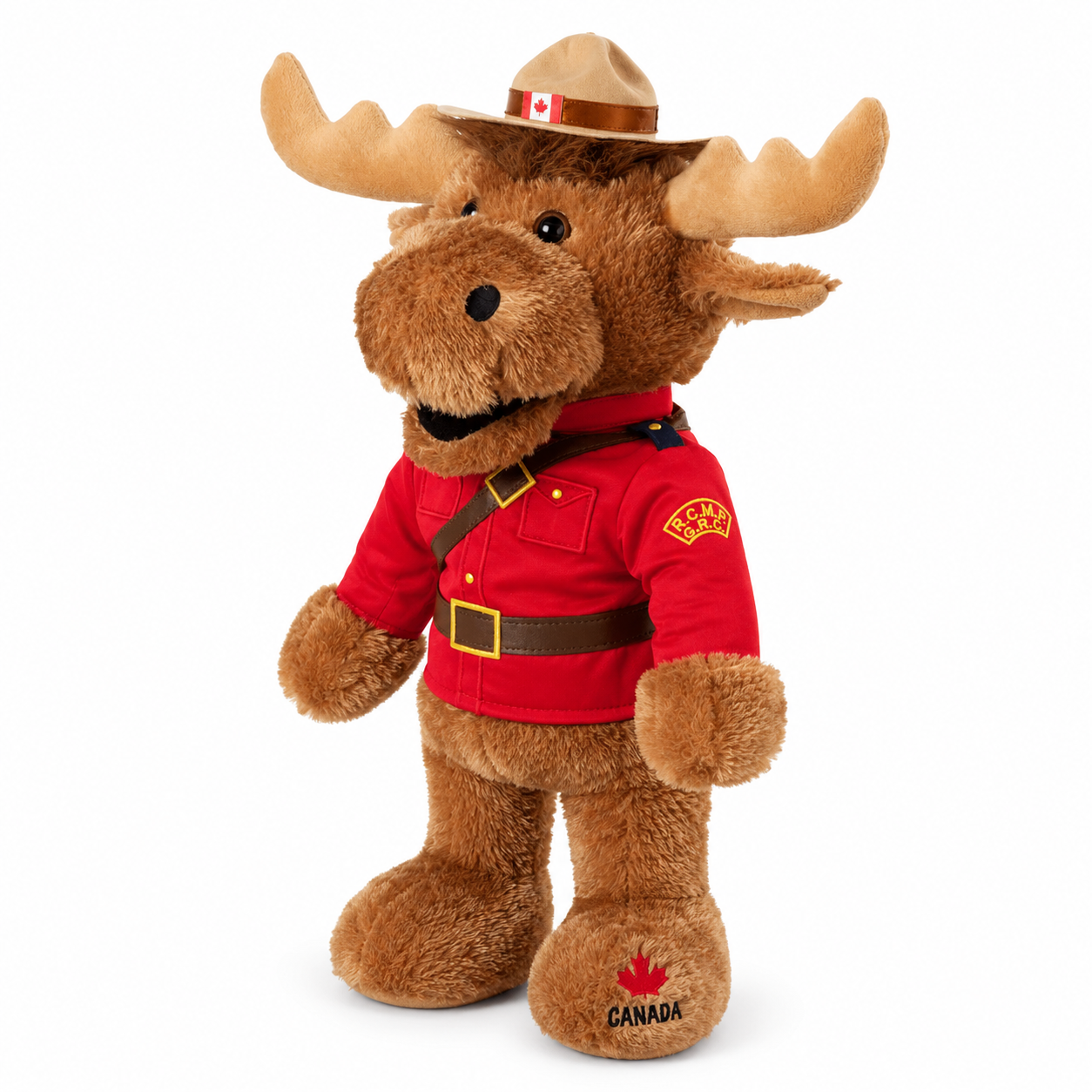 RCMP BigFoot Moose 14" plush toy in Mountie uniform with large antlers and cute smile.
