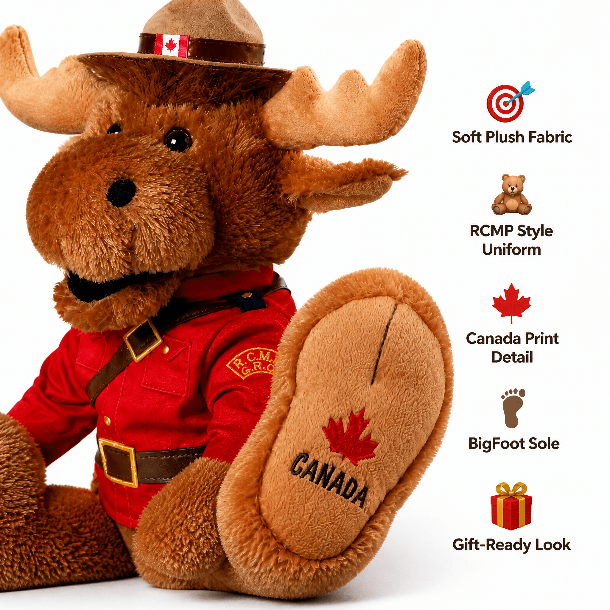 RCMP BigFoot Moose 14" plush with soft fur, RCMP uniform, and Canada detail