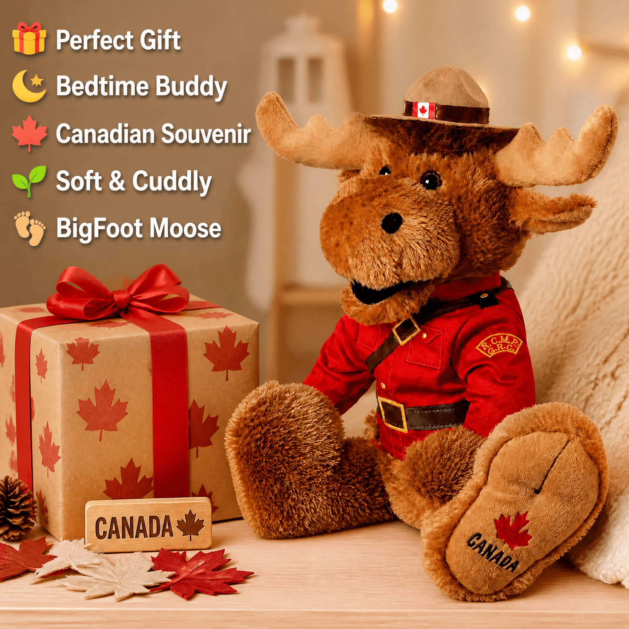 RCMP BigFoot Moose 14" plush toy wearing Mountie uniform, perfect cuddle buddy and Canadian souvenir.