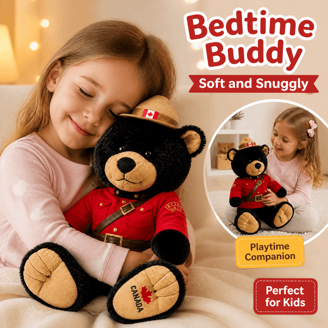 Child holding a teddy bear in uniform with 'Bedtime Buddy' text and additional details.