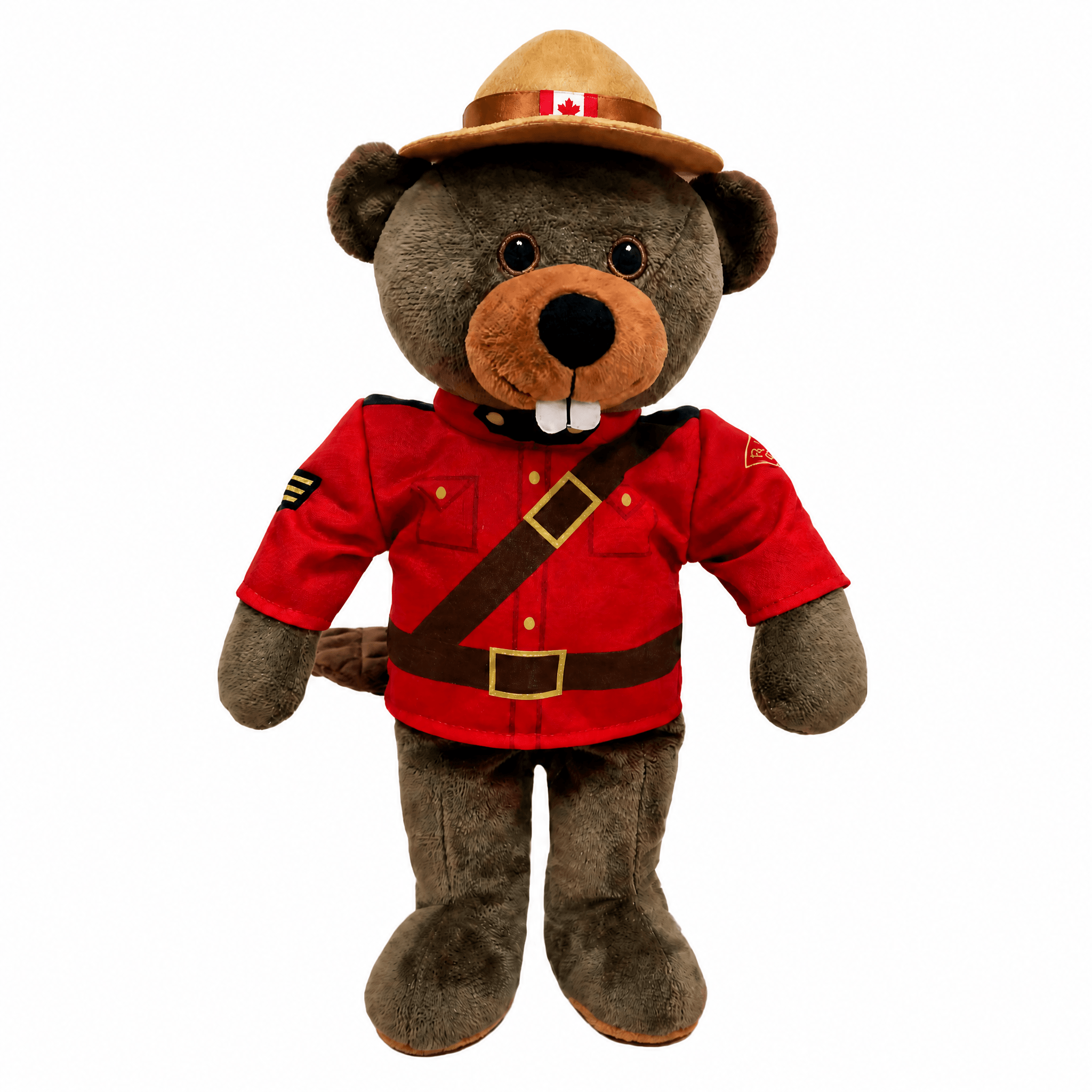 Plush bear toy in RCMP uniform with red shirt and brown hat on a white background