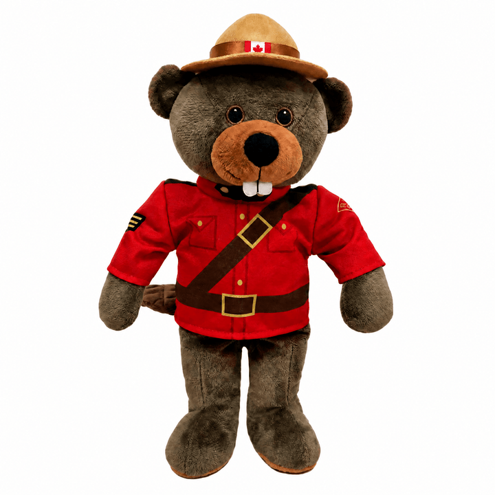 Plush bear toy in RCMP uniform with red shirt and brown hat on a white background