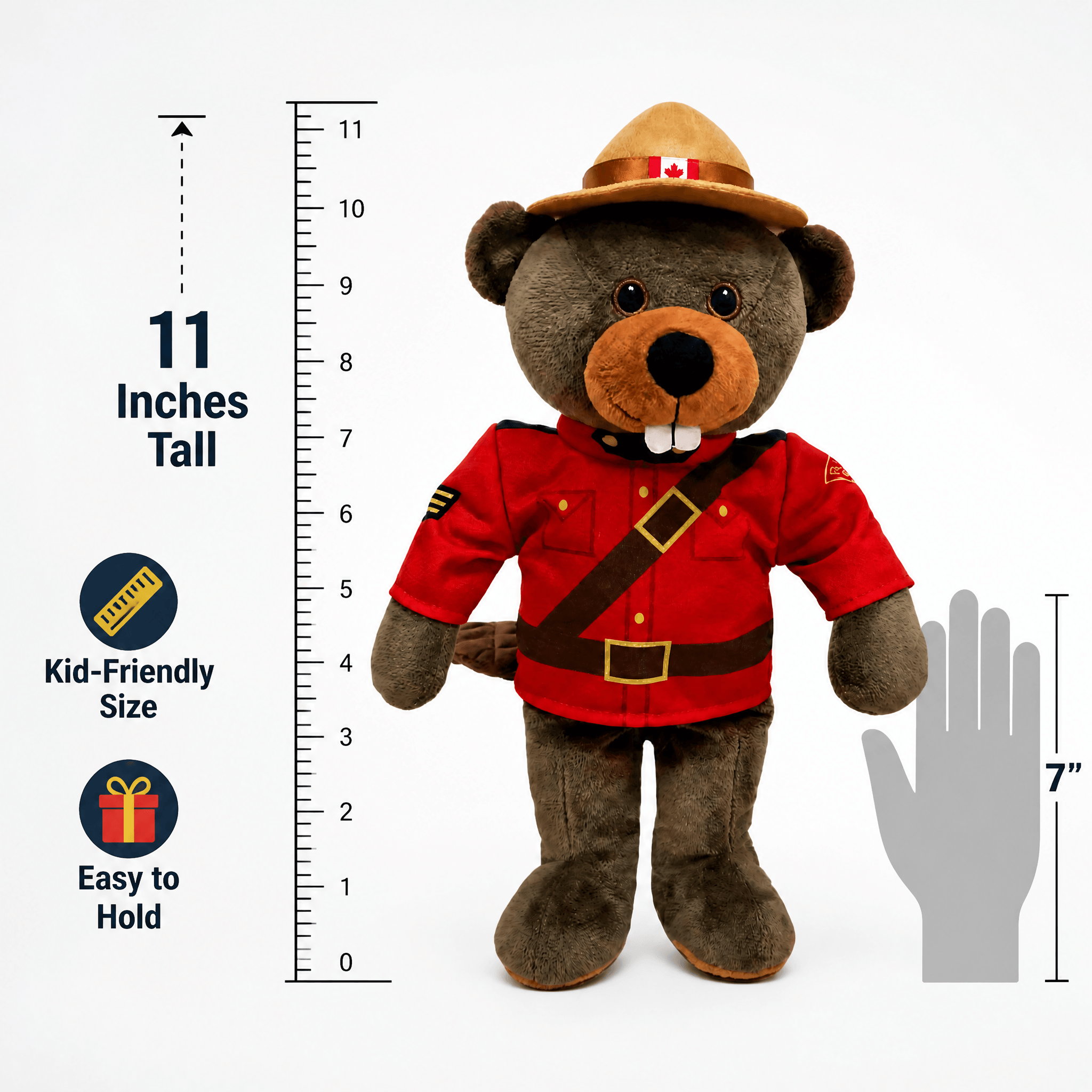 Stuffed bear toy in RCMP uniform with size measurement chart on a white background