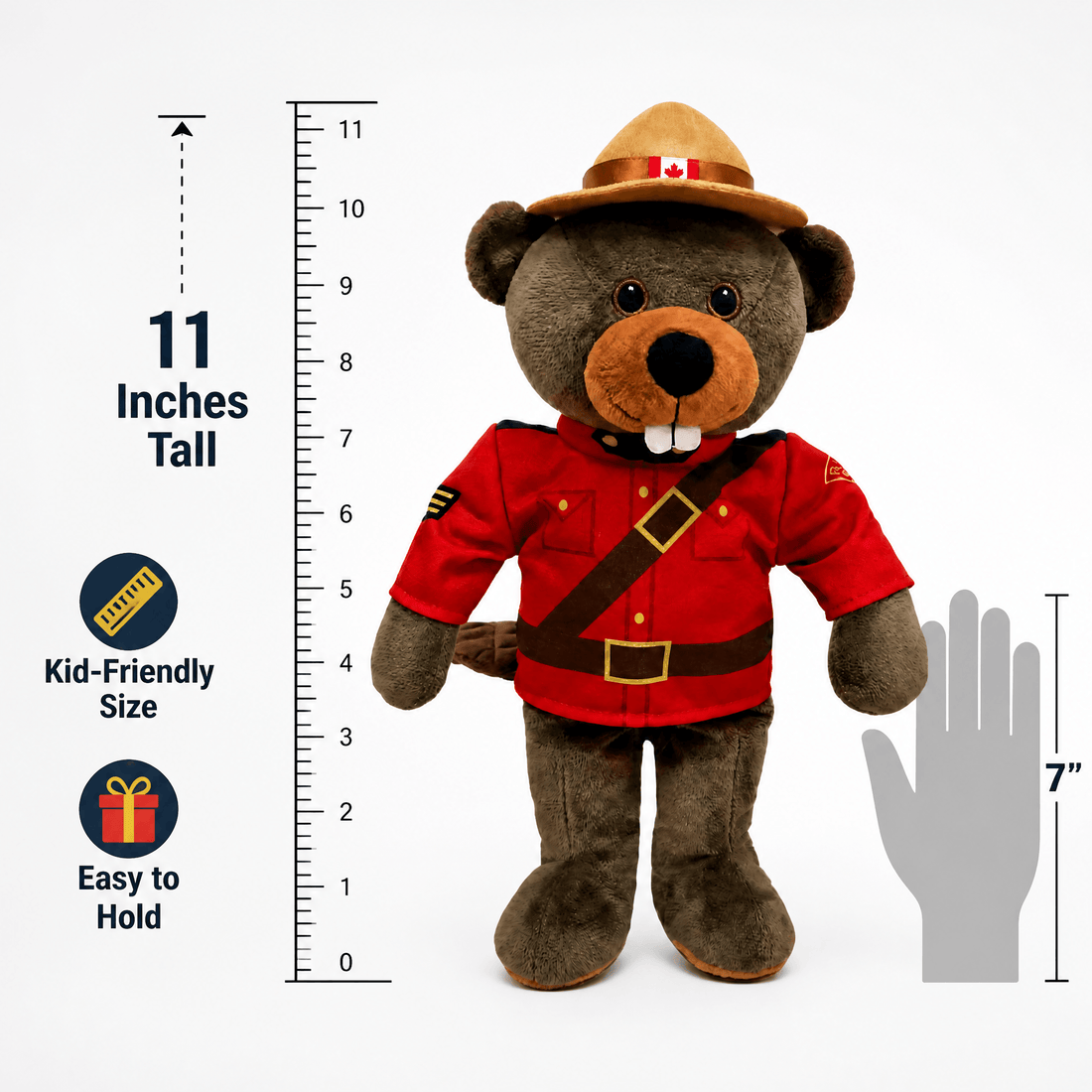 Stuffed bear toy in RCMP uniform with size measurement chart on a white background