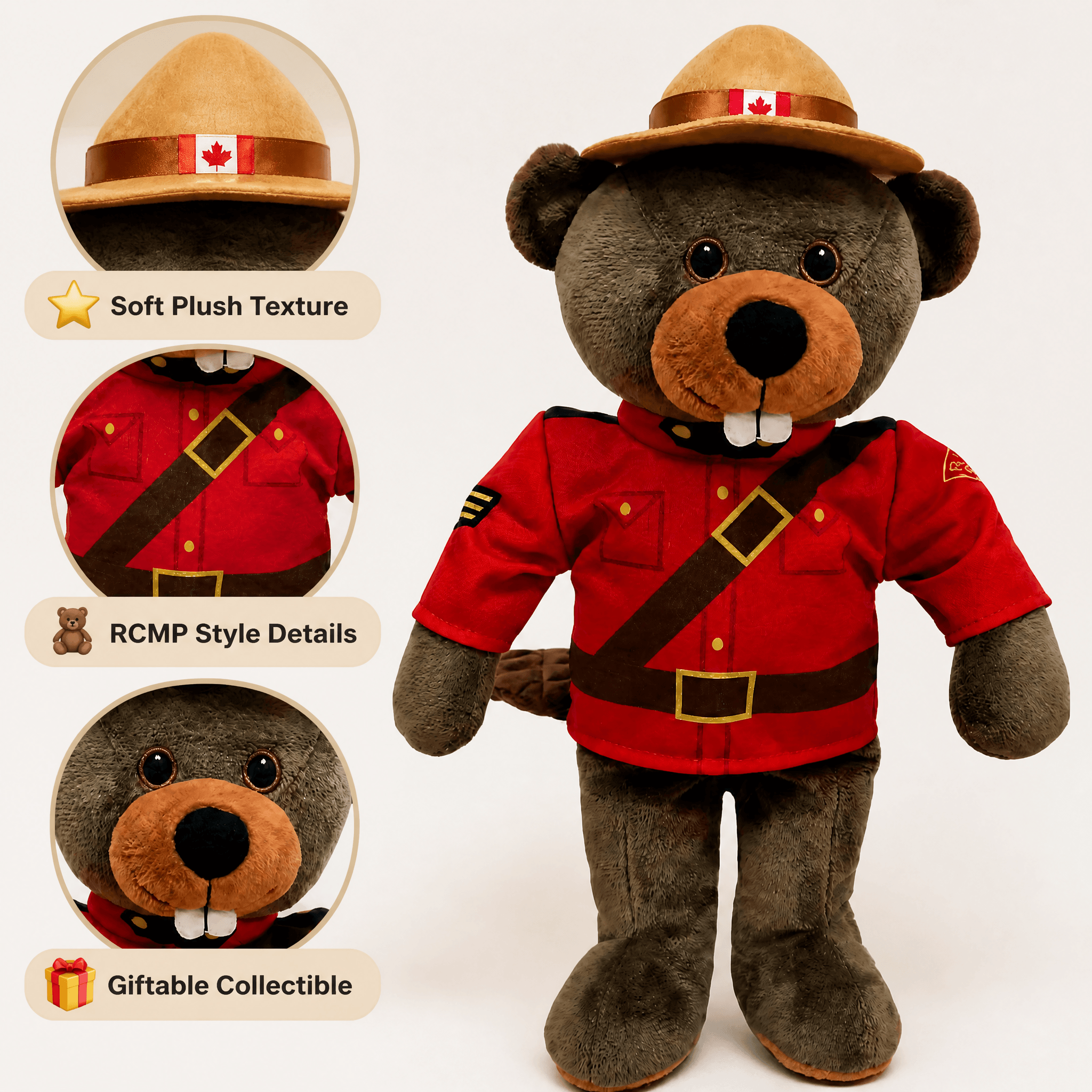 Plush bear toy in RCMP uniform with details and features highlighted on a white background