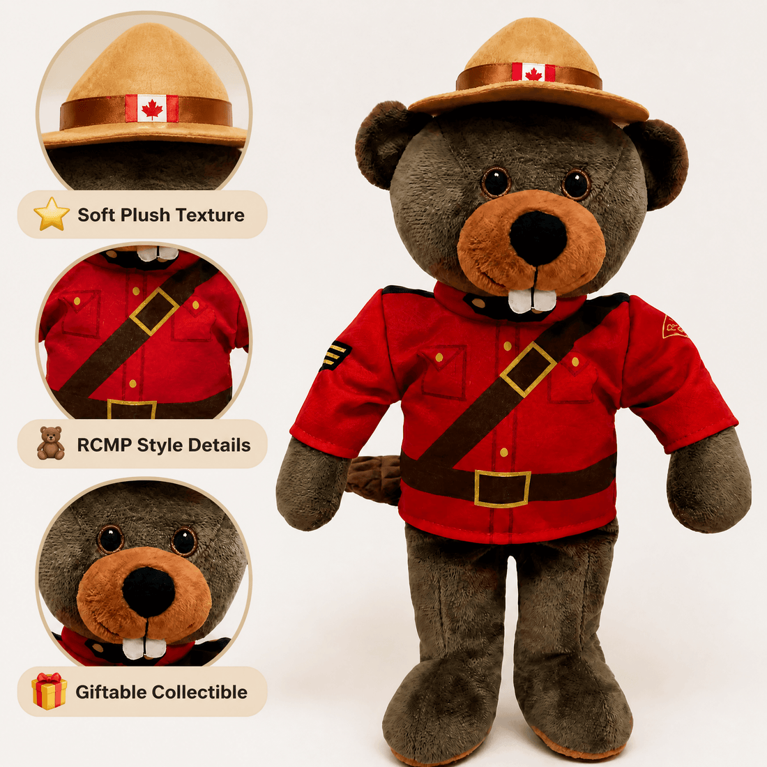 Plush bear toy in RCMP uniform with details and features highlighted on a white background
